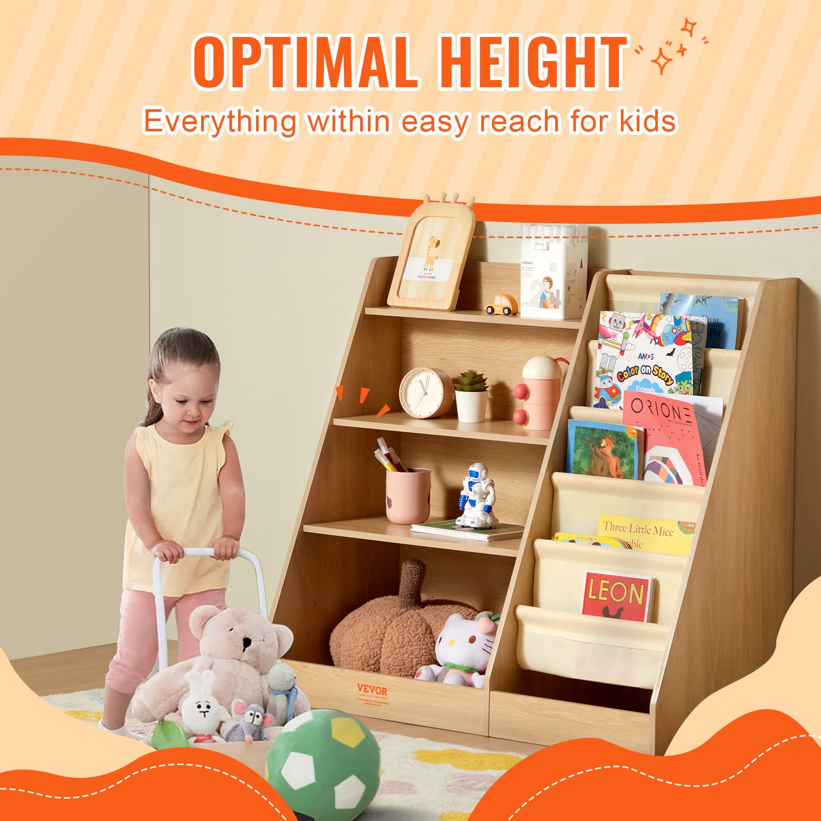 VEVOR 4-Tier MDF Bookshelf for Children, Six-Tier Bookshelf, Baby Storage Shelf, Books and Toy Organizer Cabinet, for Children's Room, Playroom, Kindergarten