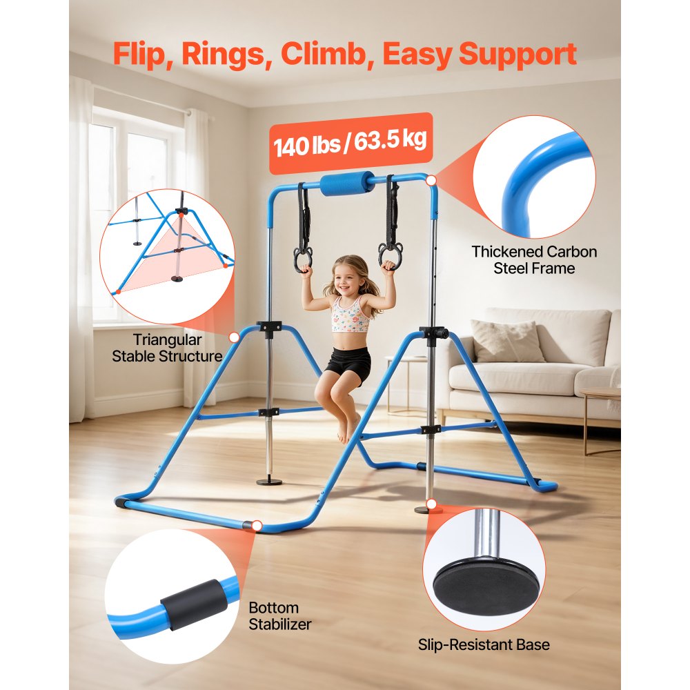 VEVOR Barra de Gimnasia Plegable Capacidad de 63,5 kg, Barra Horizontal Altura Ajustable de 5 Niveles 914 a 1321 mm, Equipo de Entrenamiento en Casa, Estructura Estable, 150 x 108 x 135 cm, Azul