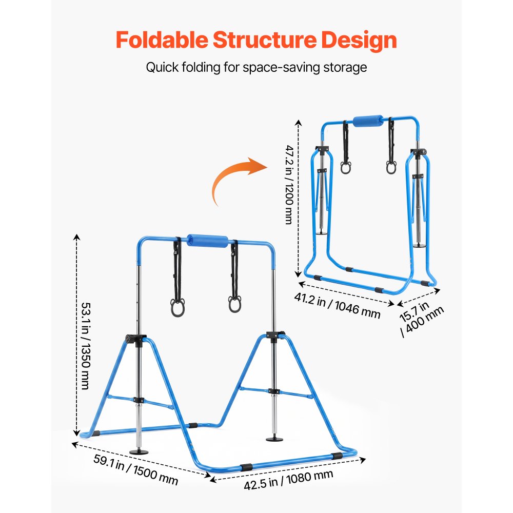 VEVOR Barra de Gimnasia Plegable Capacidad de 63,5 kg, Barra Horizontal Altura Ajustable de 5 Niveles 914 a 1321 mm, Equipo de Entrenamiento en Casa, Estructura Estable, 150 x 108 x 135 cm, Azul