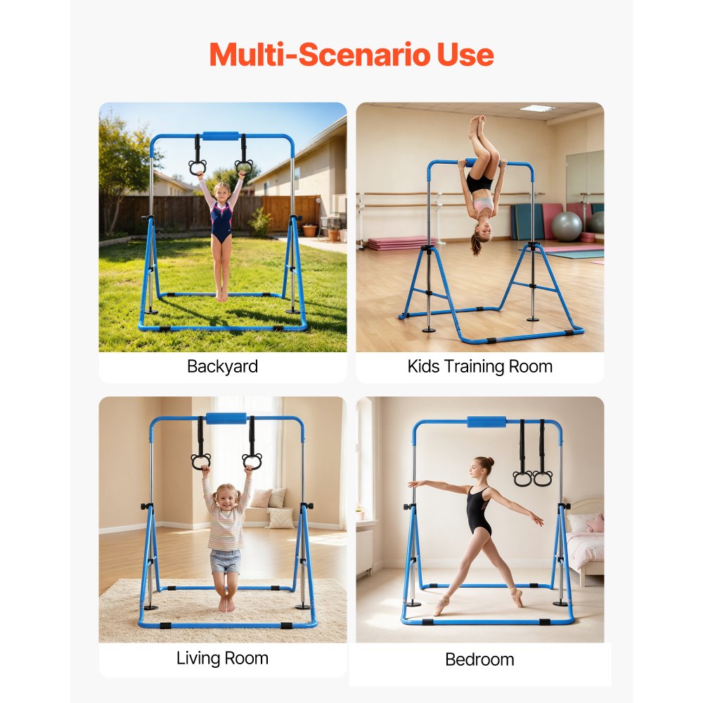 VEVOR Barra de Gimnasia Plegable Capacidad de 63,5 kg, Barra Horizontal Altura Ajustable de 5 Niveles 914 a 1321 mm, Equipo de Entrenamiento en Casa, Estructura Estable, 150 x 108 x 135 cm, Azul