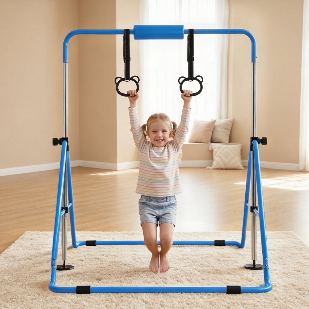 VEVOR Barra de Gimnasia Plegable Capacidad de 63,5 kg, Barra Horizontal Altura Ajustable de 5 Niveles 914 a 1321 mm, Equipo de Entrenamiento en Casa, Estructura Estable, 150 x 108 x 135 cm, Azul
