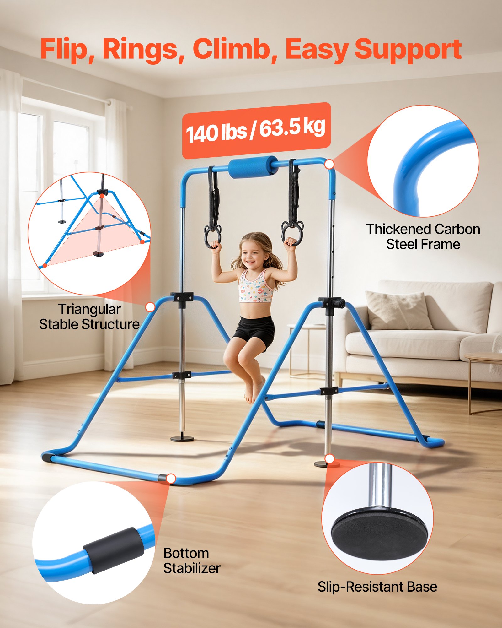 VEVOR Barra de Gimnasia Plegable Capacidad de 63,5 kg, Barra Horizontal Altura Ajustable de 5 Niveles 914 a 1321 mm, Equipo de Entrenamiento en Casa, Estructura Estable, 150 x 108 x 135 cm, Azul