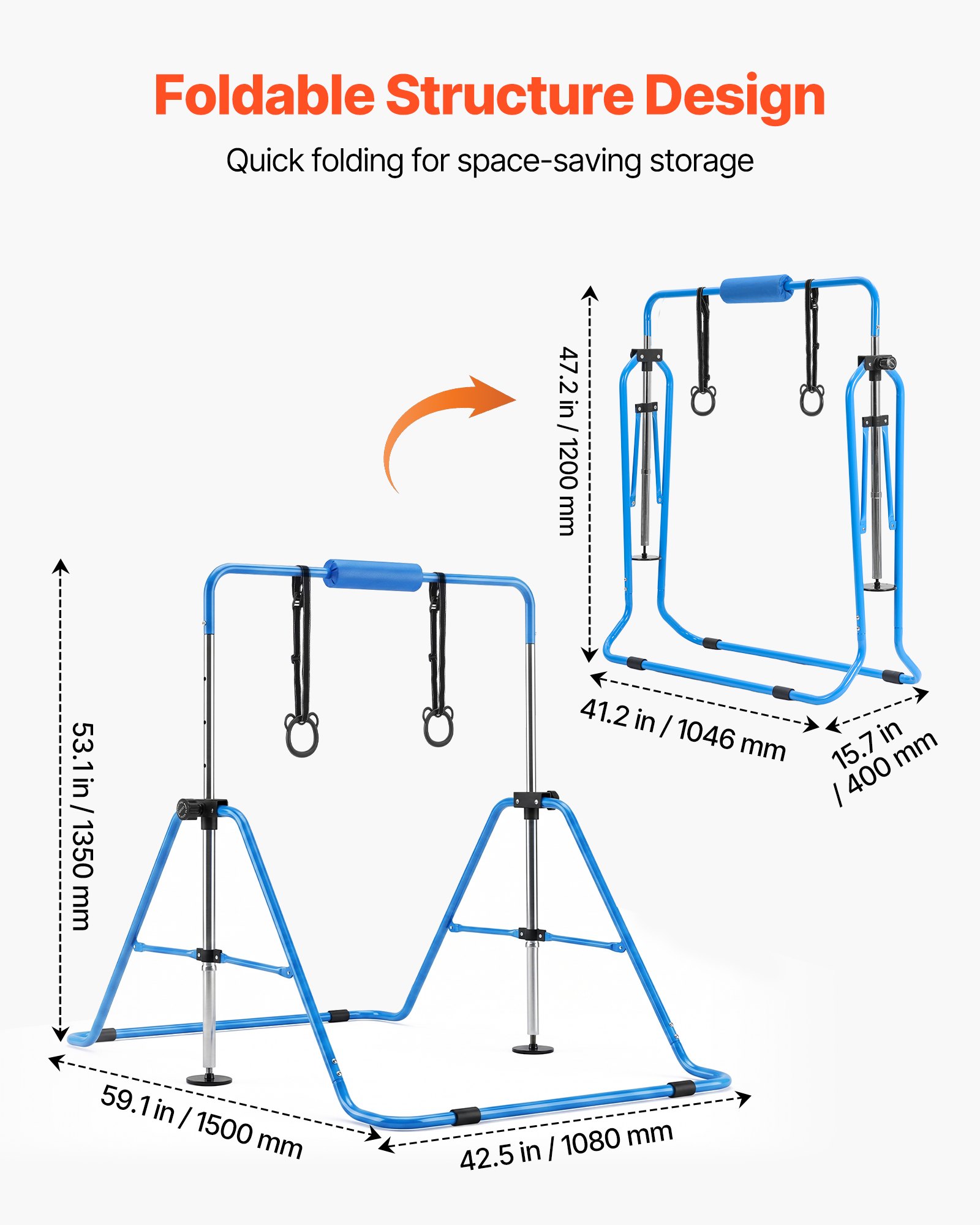 VEVOR Barra de Gimnasia Plegable Capacidad de 63,5 kg, Barra Horizontal Altura Ajustable de 5 Niveles 914 a 1321 mm, Equipo de Entrenamiento en Casa, Estructura Estable, 150 x 108 x 135 cm, Azul