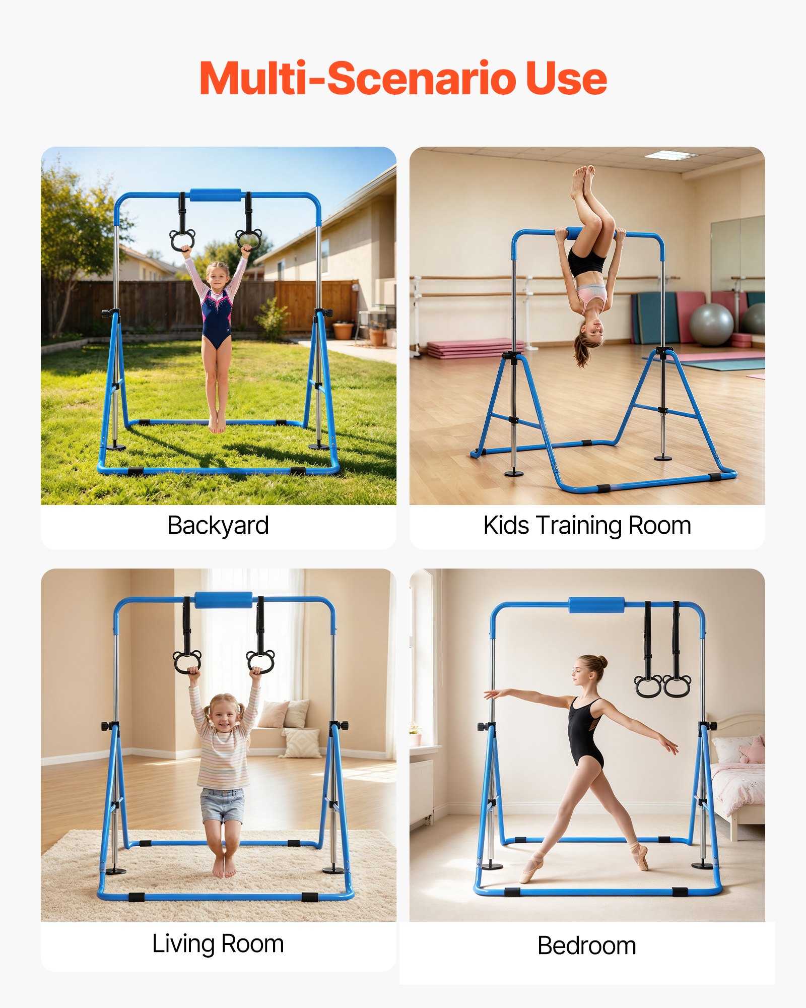 VEVOR Barra de Gimnasia Plegable Capacidad de 63,5 kg, Barra Horizontal Altura Ajustable de 5 Niveles 914 a 1321 mm, Equipo de Entrenamiento en Casa, Estructura Estable, 150 x 108 x 135 cm, Azul
