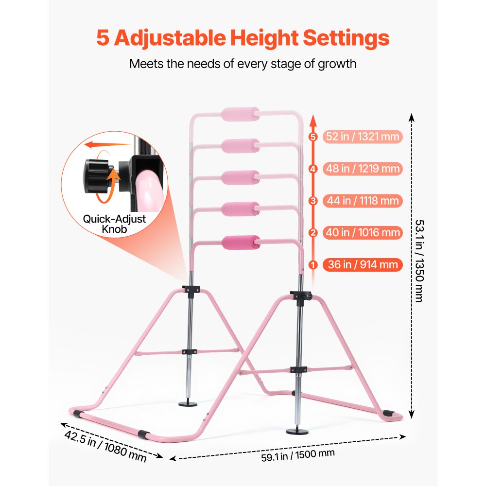 VEVOR Barra de Gimnasia Plegable Capacidad de 63,5 kg, Barra Horizontal Altura Ajustable de 5 Niveles 914 a 1321 mm, Equipo de Entrenamiento en Casa, Estructura Estable, 150 x 108 x 135 cm, Rosa