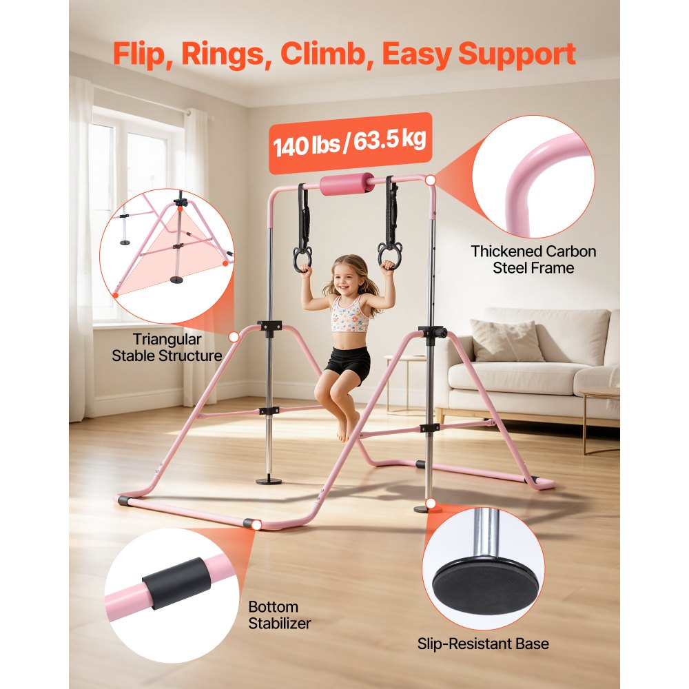 VEVOR Barra de Gimnasia Plegable Capacidad de 63,5 kg, Barra Horizontal Altura Ajustable de 5 Niveles 914 a 1321 mm, Equipo de Entrenamiento en Casa, Estructura Estable, 150 x 108 x 135 cm, Rosa