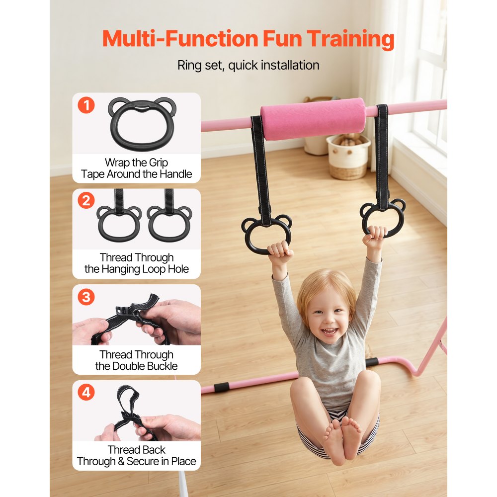 VEVOR Barra de Gimnasia Plegable Capacidad de 63,5 kg, Barra Horizontal Altura Ajustable de 5 Niveles 914 a 1321 mm, Equipo de Entrenamiento en Casa, Estructura Estable, 150 x 108 x 135 cm, Rosa
