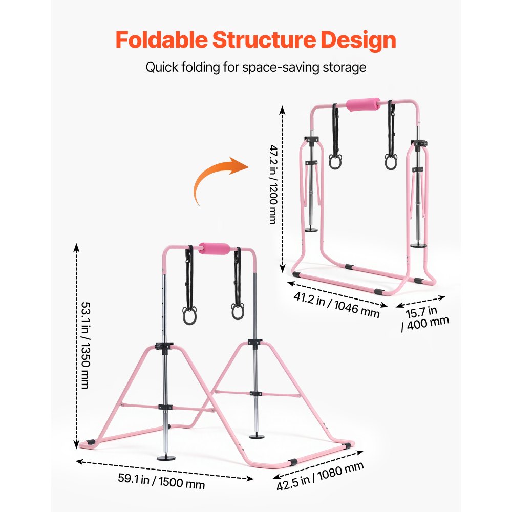 VEVOR Barra de Gimnasia Plegable Capacidad de 63,5 kg, Barra Horizontal Altura Ajustable de 5 Niveles 914 a 1321 mm, Equipo de Entrenamiento en Casa, Estructura Estable, 150 x 108 x 135 cm, Rosa