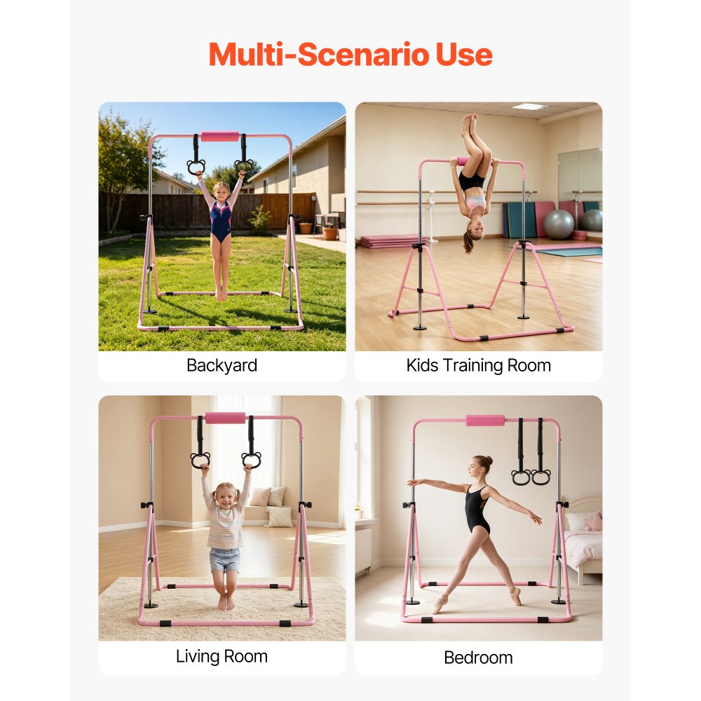 VEVOR Barra de Gimnasia Plegable Capacidad de 63,5 kg, Barra Horizontal Altura Ajustable de 5 Niveles 914 a 1321 mm, Equipo de Entrenamiento en Casa, Estructura Estable, 150 x 108 x 135 cm, Rosa