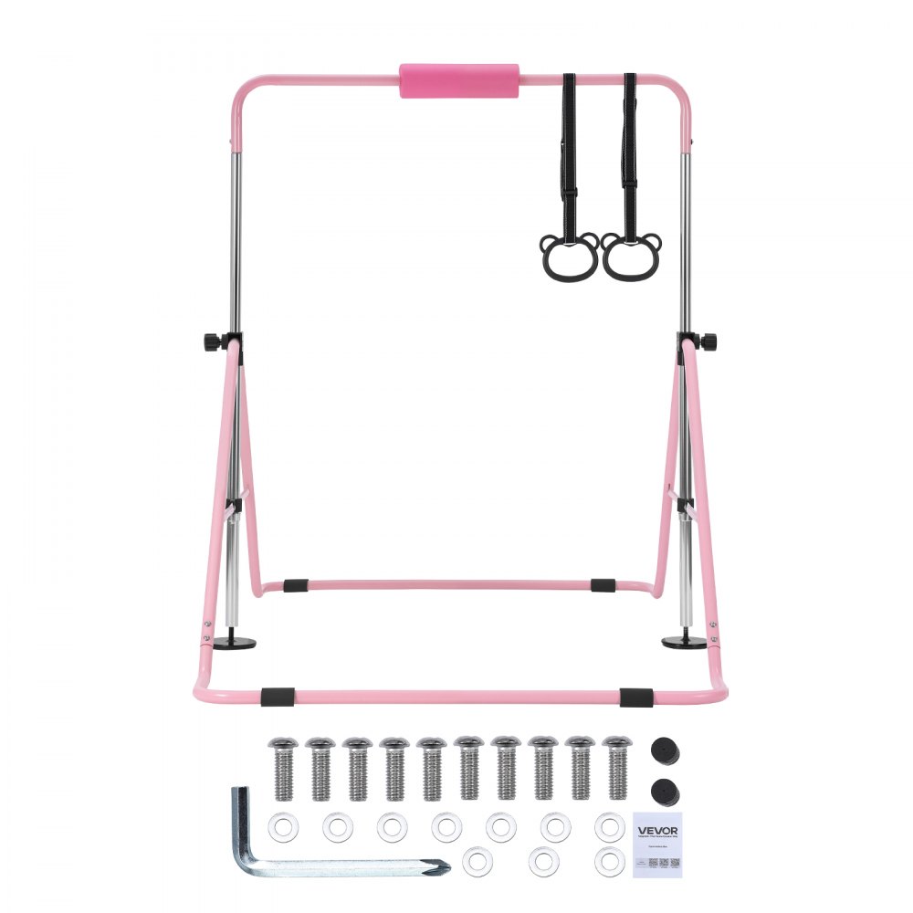 VEVOR Barra de Gimnasia Plegable Capacidad de 63,5 kg, Barra Horizontal Altura Ajustable de 5 Niveles 914 a 1321 mm, Equipo de Entrenamiento en Casa, Estructura Estable, 150 x 108 x 135 cm, Rosa