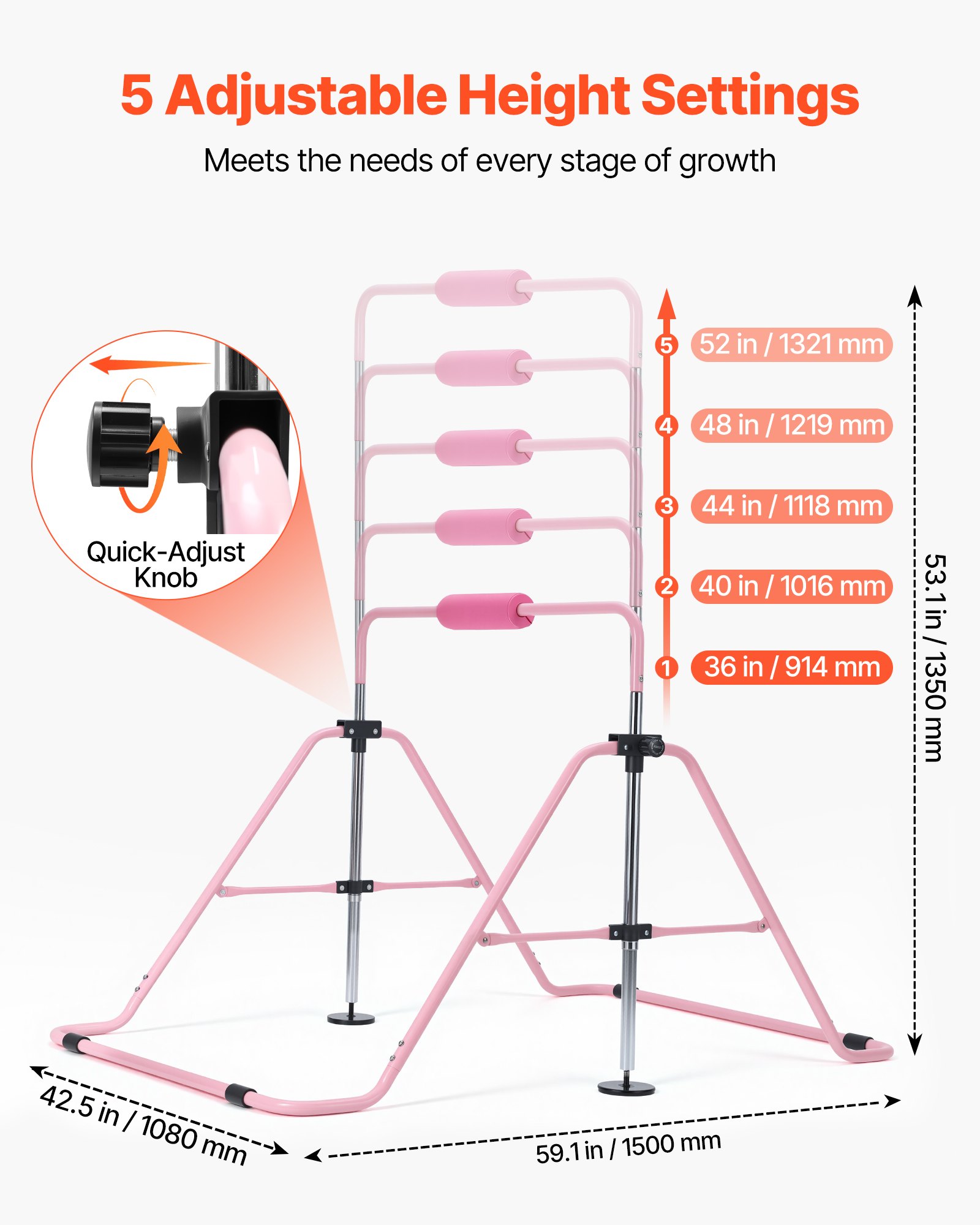 VEVOR Barra de Gimnasia Plegable Capacidad de 63,5 kg, Barra Horizontal Altura Ajustable de 5 Niveles 914 a 1321 mm, Equipo de Entrenamiento en Casa, Estructura Estable, 150 x 108 x 135 cm, Rosa