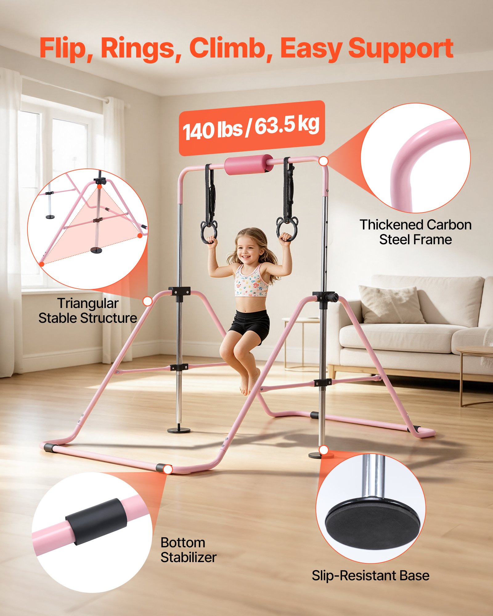 VEVOR Barra de Gimnasia Plegable Capacidad de 63,5 kg, Barra Horizontal Altura Ajustable de 5 Niveles 914 a 1321 mm, Equipo de Entrenamiento en Casa, Estructura Estable, 150 x 108 x 135 cm, Rosa