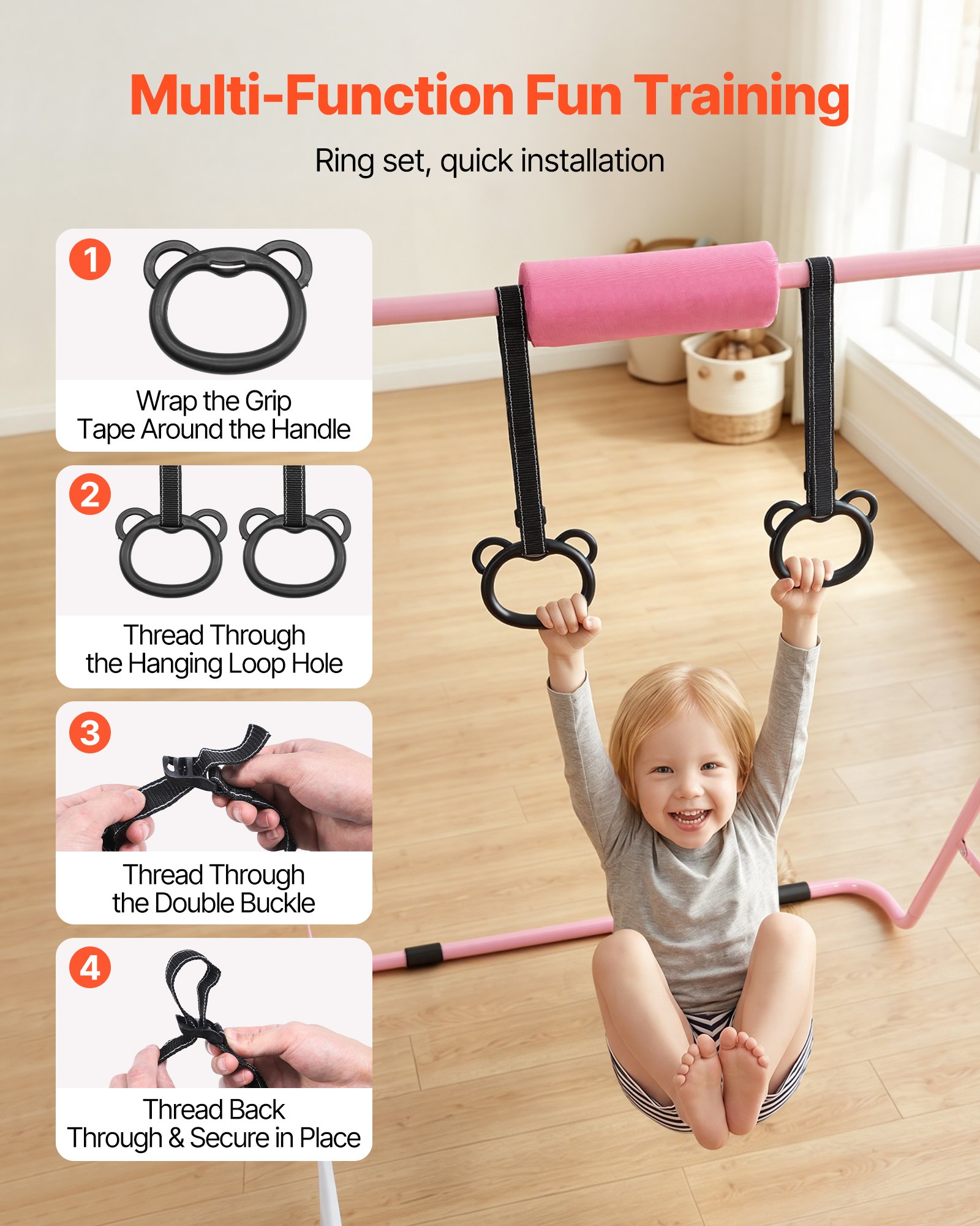 VEVOR Barra de Gimnasia Plegable Capacidad de 63,5 kg, Barra Horizontal Altura Ajustable de 5 Niveles 914 a 1321 mm, Equipo de Entrenamiento en Casa, Estructura Estable, 150 x 108 x 135 cm, Rosa