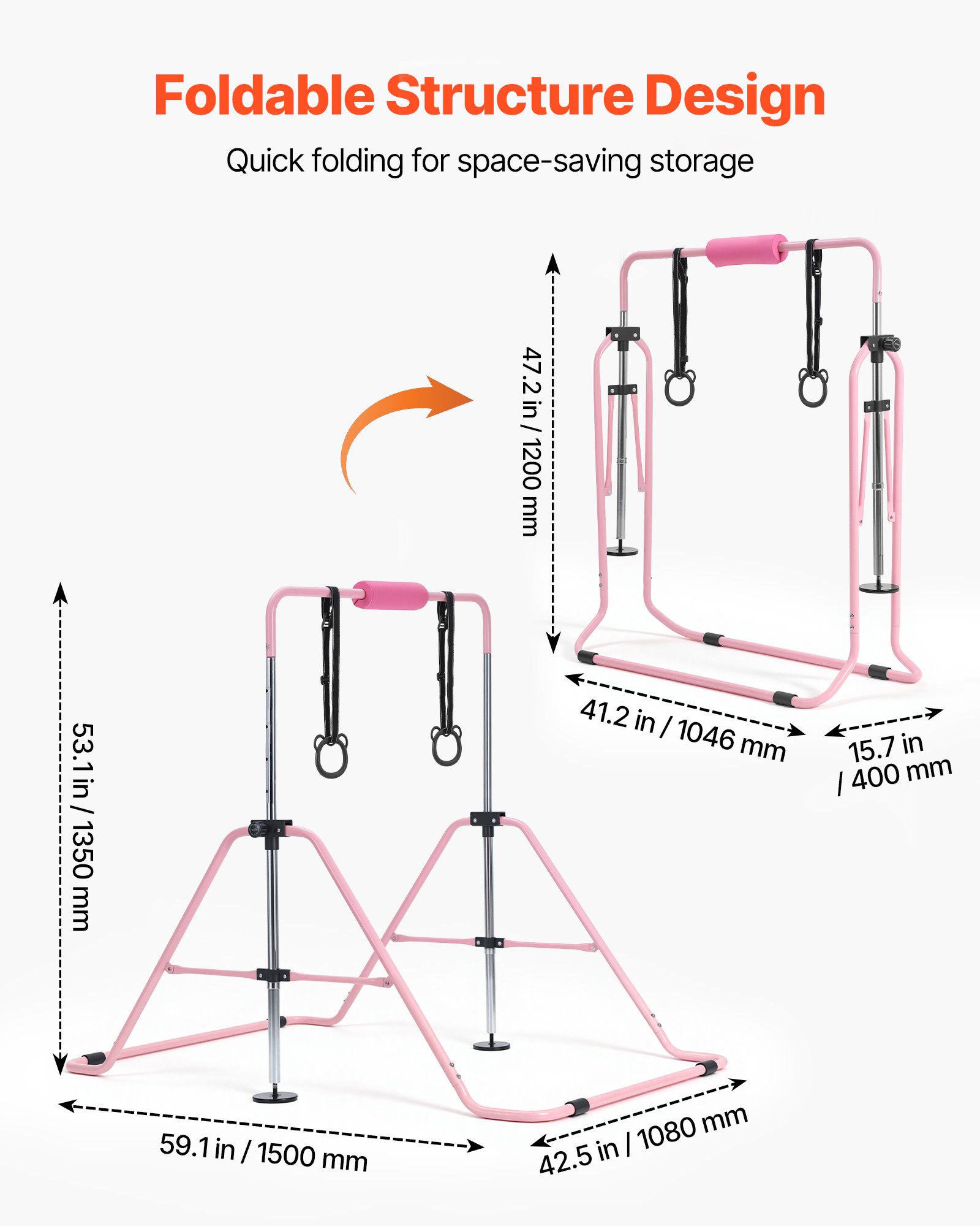 VEVOR Barra de Gimnasia Plegable Capacidad de 63,5 kg, Barra Horizontal Altura Ajustable de 5 Niveles 914 a 1321 mm, Equipo de Entrenamiento en Casa, Estructura Estable, 150 x 108 x 135 cm, Rosa