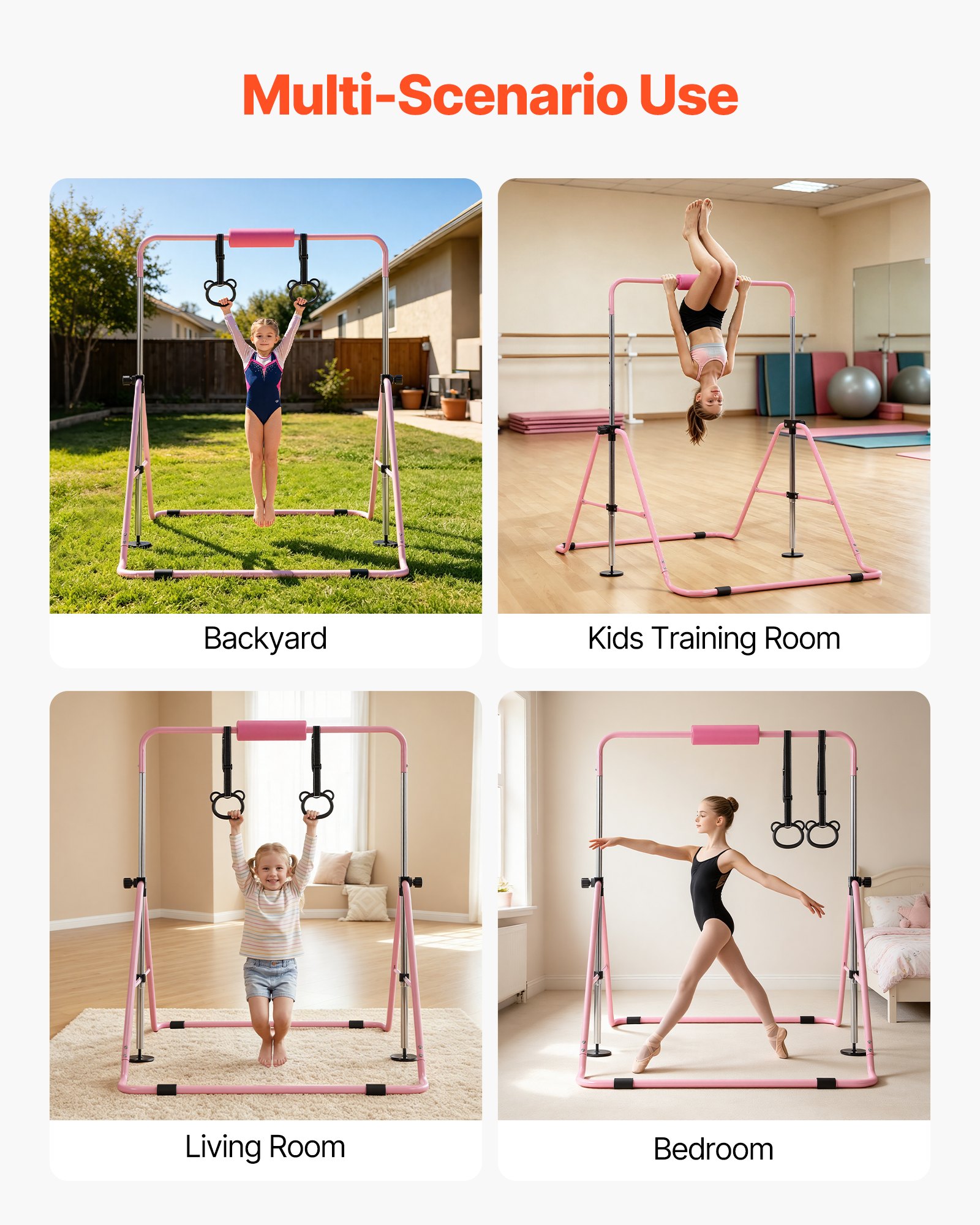 VEVOR Barra de Gimnasia Plegable Capacidad de 63,5 kg, Barra Horizontal Altura Ajustable de 5 Niveles 914 a 1321 mm, Equipo de Entrenamiento en Casa, Estructura Estable, 150 x 108 x 135 cm, Rosa