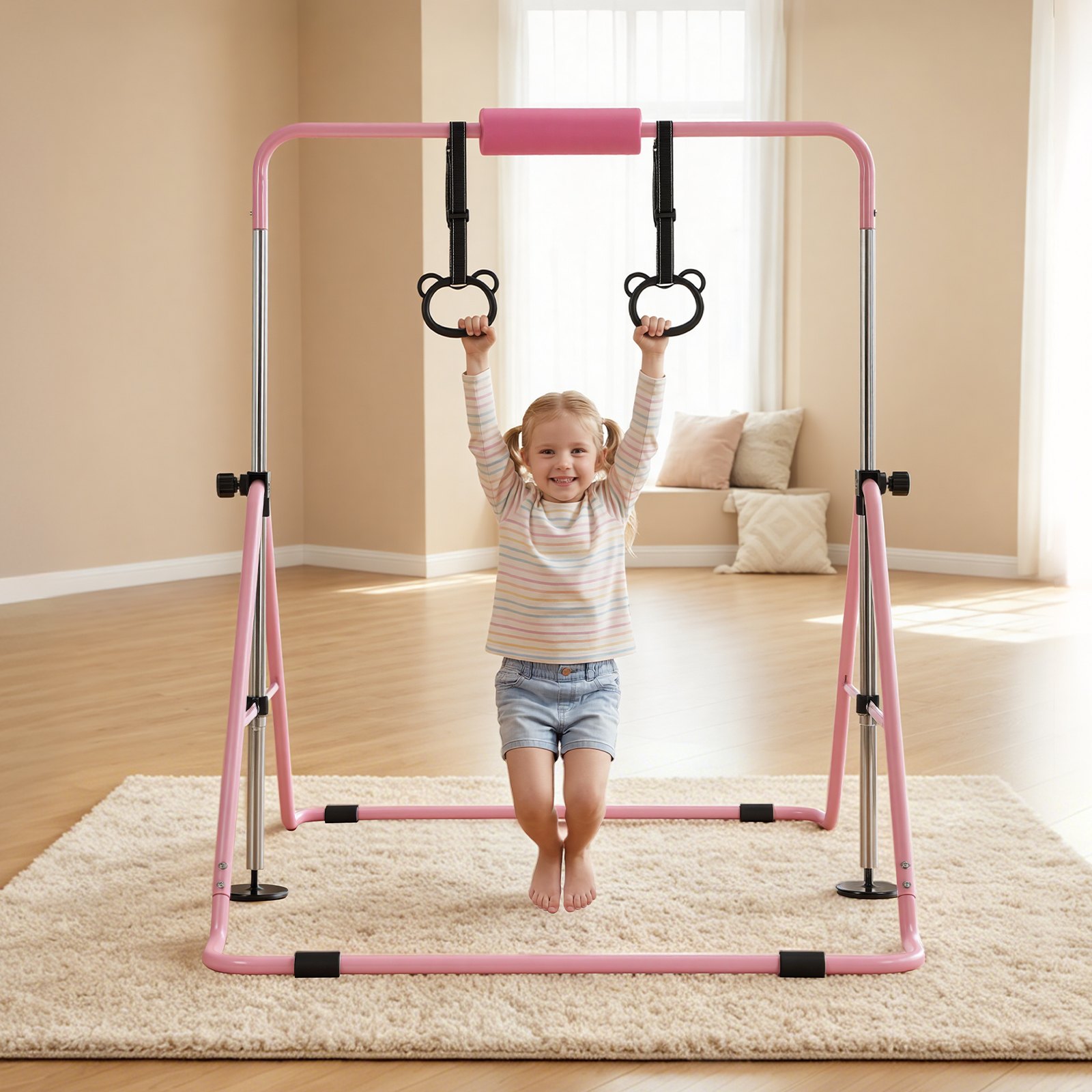 VEVOR Barra de Gimnasia Plegable Capacidad de 63,5 kg, Barra Horizontal Altura Ajustable de 5 Niveles 914 a 1321 mm, Equipo de Entrenamiento en Casa, Estructura Estable, 150 x 108 x 135 cm, Rosa