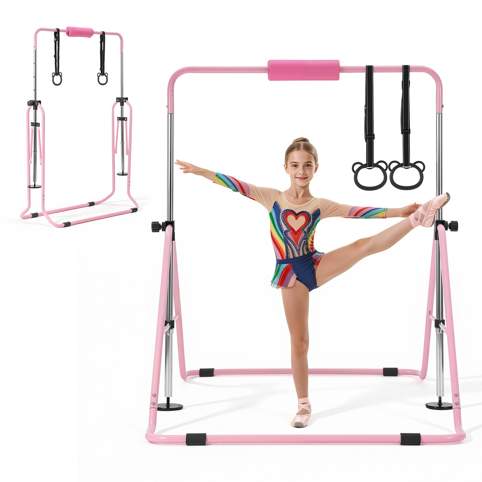 VEVOR Barra de Gimnasia Plegable Capacidad de 63,5 kg, Barra Horizontal Altura Ajustable de 5 Niveles 914 a 1321 mm, Equipo de Entrenamiento en Casa, Estructura Estable, 150 x 108 x 135 cm, Rosa