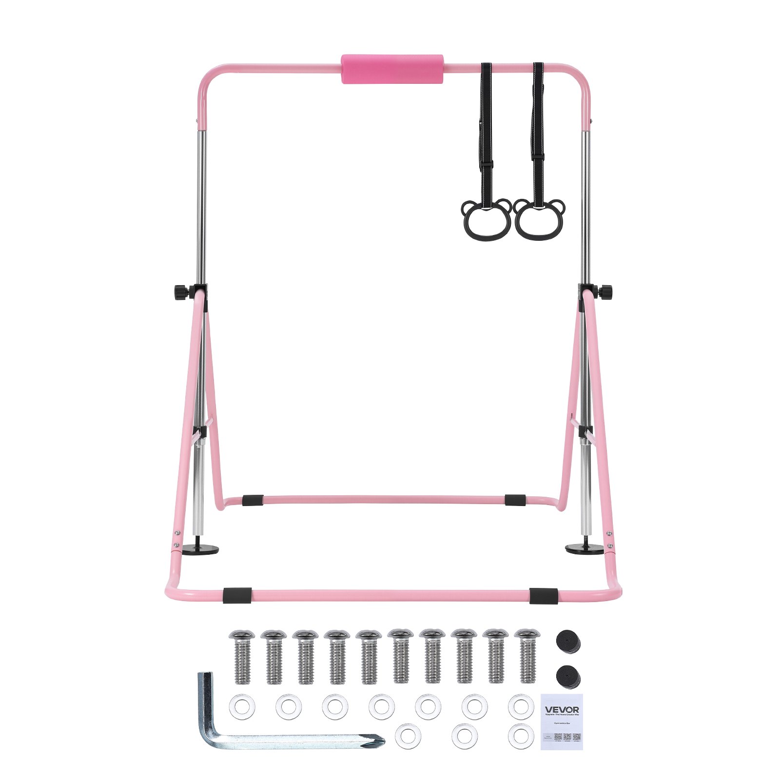 VEVOR Barra de Gimnasia Plegable Capacidad de 63,5 kg, Barra Horizontal Altura Ajustable de 5 Niveles 914 a 1321 mm, Equipo de Entrenamiento en Casa, Estructura Estable, 150 x 108 x 135 cm, Rosa