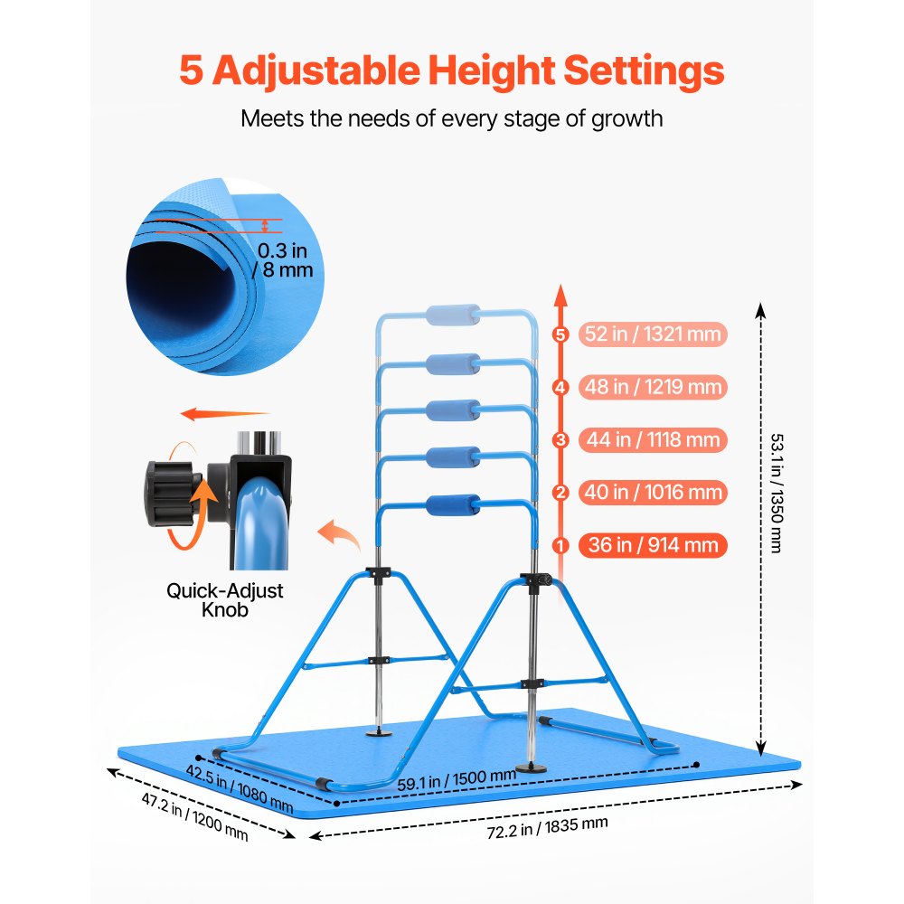 VEVOR Barra de Gimnasia Plegable Capacidad de 63,5 kg con Colchoneta, Barra Horizontal con Altura Ajustable de 5 Niveles 914 a 1321 mm, Equipo de Entrenamiento en Casa, Estructura Estable, Azul