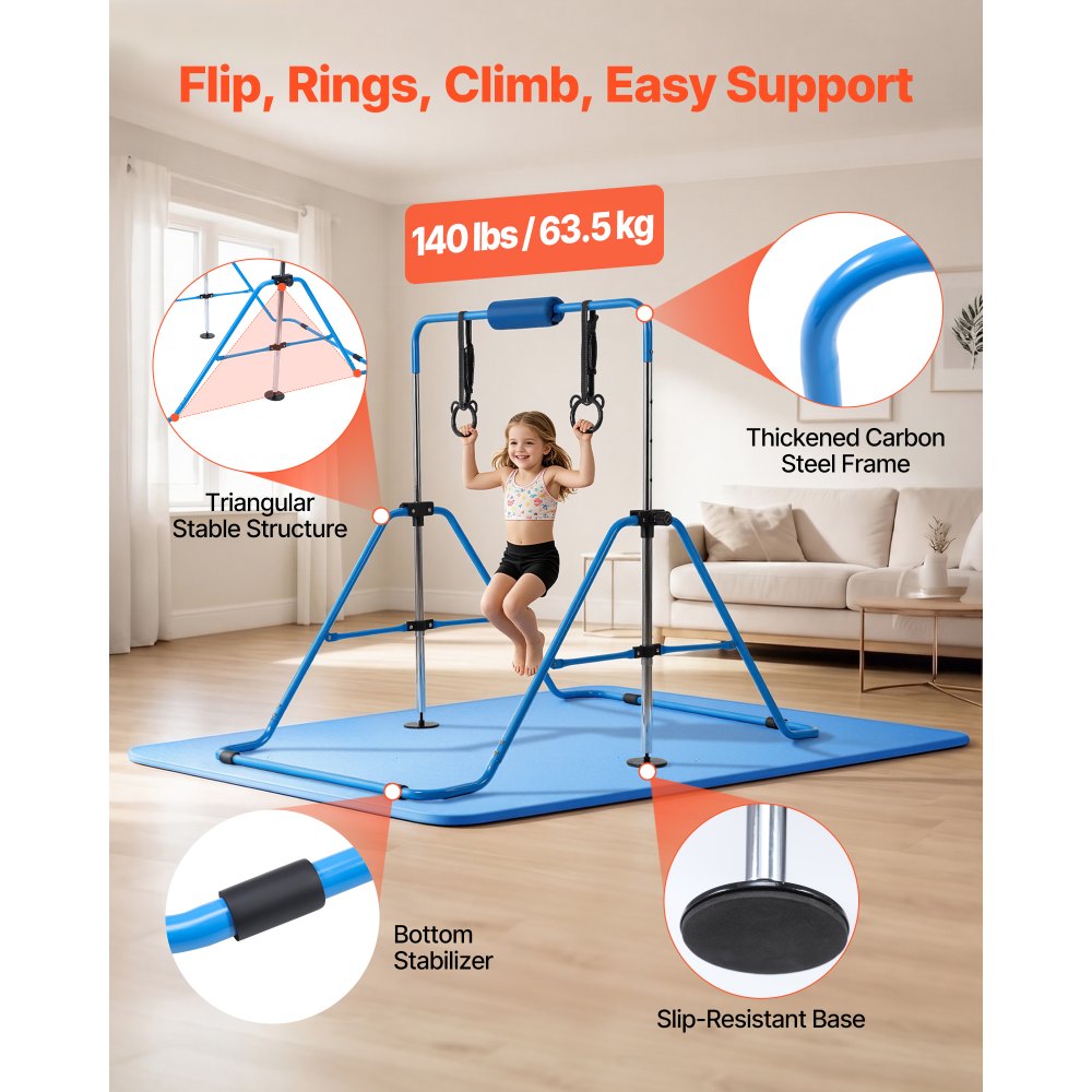 VEVOR Barra de Gimnasia Plegable Capacidad de 63,5 kg con Colchoneta, Barra Horizontal con Altura Ajustable de 5 Niveles 914 a 1321 mm, Equipo de Entrenamiento en Casa, Estructura Estable, Azul