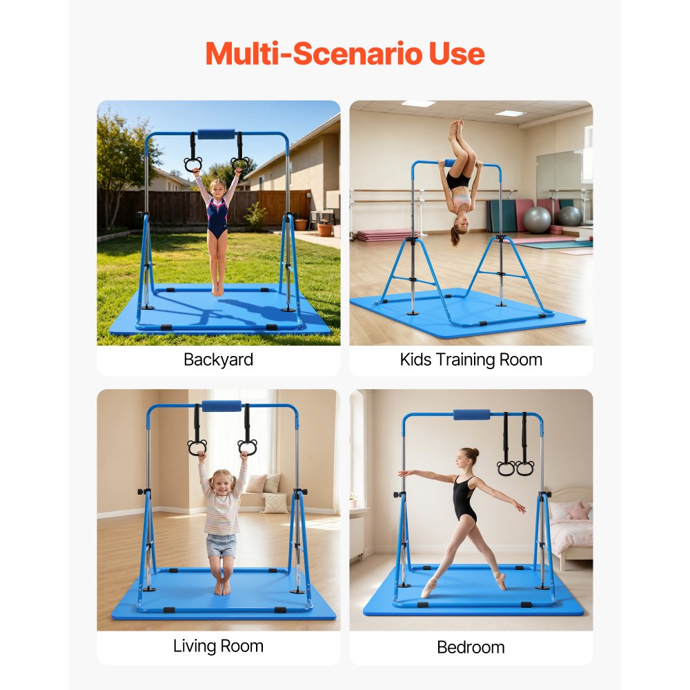 VEVOR Barra de Gimnasia Plegable Capacidad de 63,5 kg con Colchoneta, Barra Horizontal con Altura Ajustable de 5 Niveles 914 a 1321 mm, Equipo de Entrenamiento en Casa, Estructura Estable, Azul