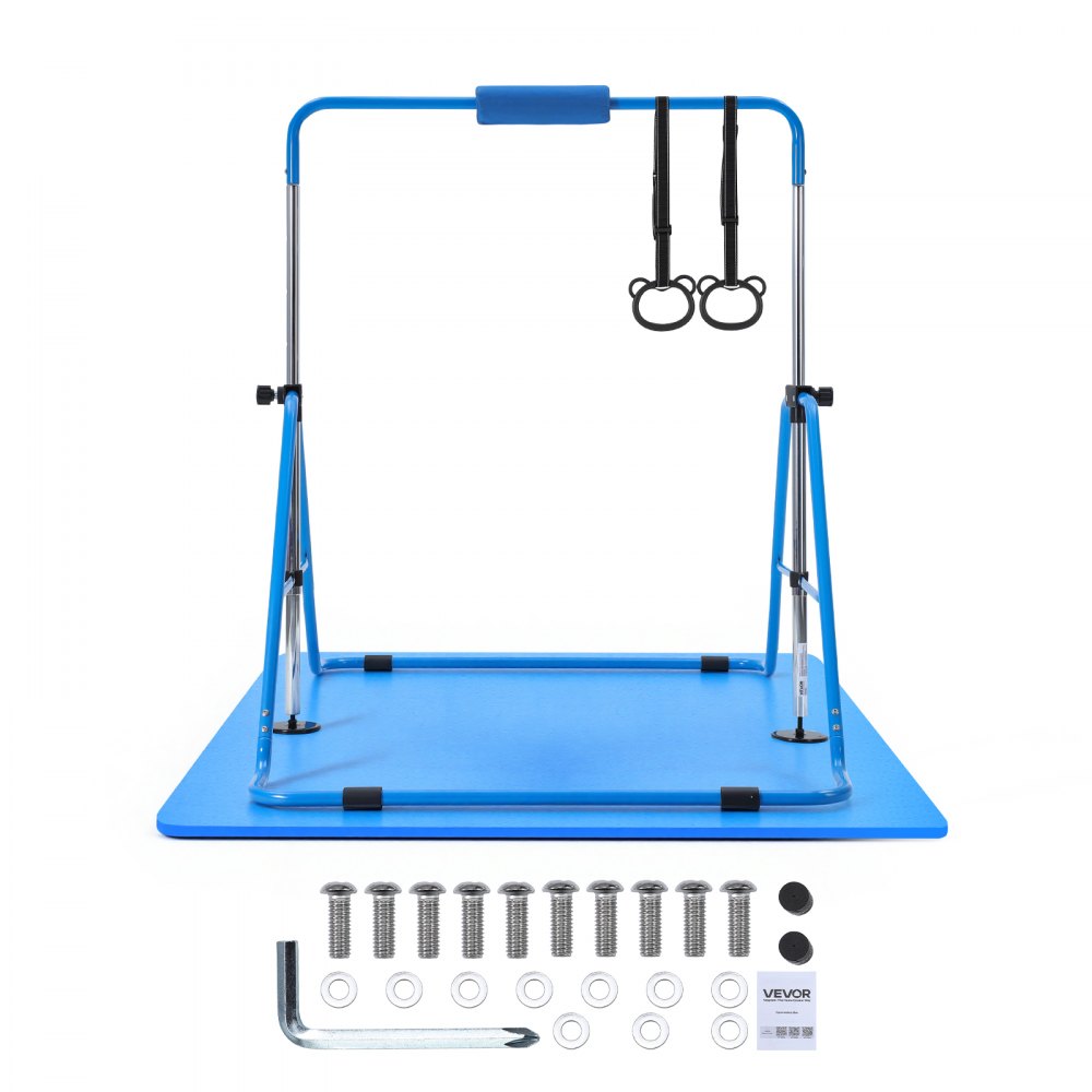VEVOR Barra de Gimnasia Plegable Capacidad de 63,5 kg con Colchoneta, Barra Horizontal con Altura Ajustable de 5 Niveles 914 a 1321 mm, Equipo de Entrenamiento en Casa, Estructura Estable, Azul