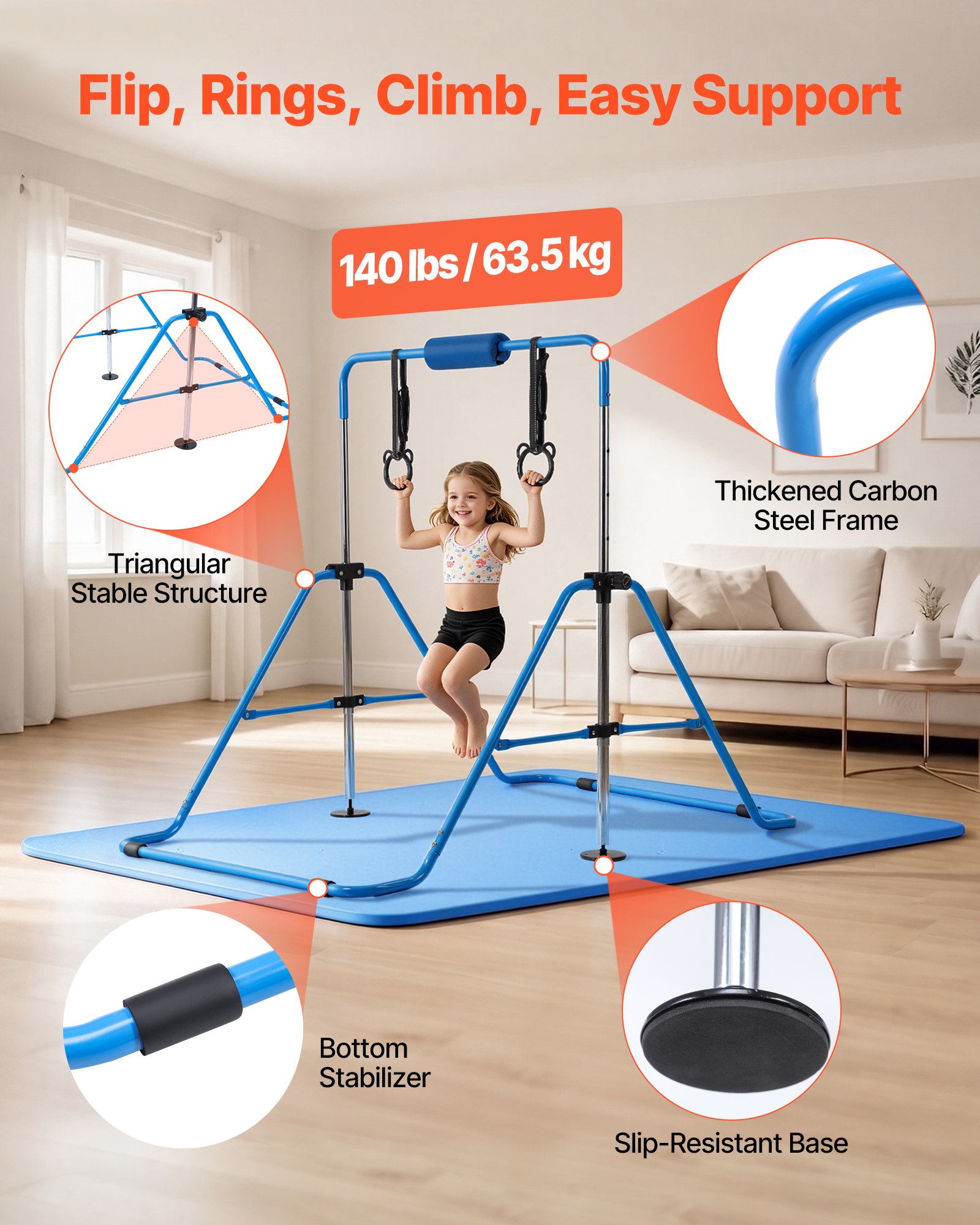 VEVOR Barra de Gimnasia Plegable Capacidad de 63,5 kg con Colchoneta, Barra Horizontal con Altura Ajustable de 5 Niveles 914 a 1321 mm, Equipo de Entrenamiento en Casa, Estructura Estable, Azul