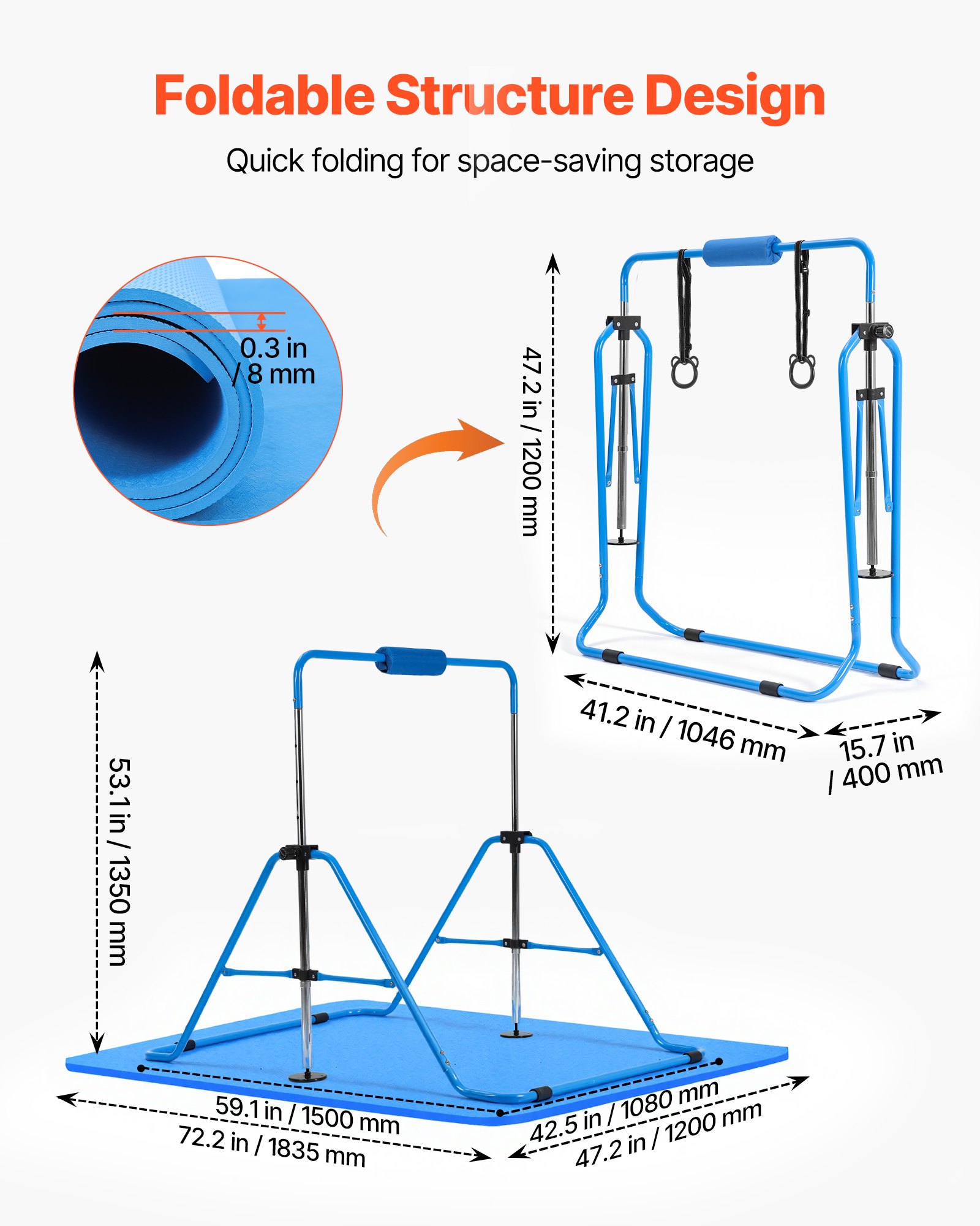 VEVOR Barra de Gimnasia Plegable Capacidad de 63,5 kg con Colchoneta, Barra Horizontal con Altura Ajustable de 5 Niveles 914 a 1321 mm, Equipo de Entrenamiento en Casa, Estructura Estable, Azul
