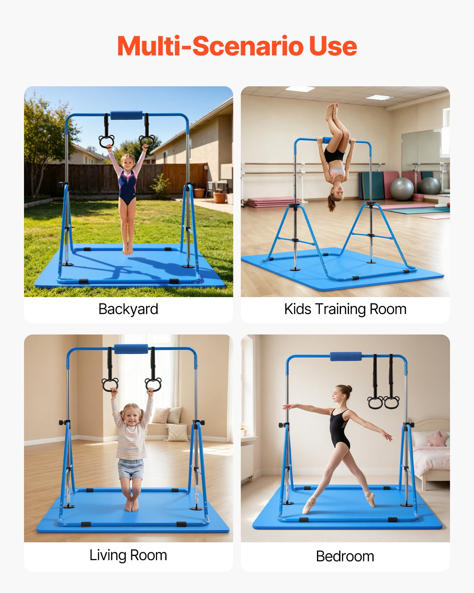 VEVOR Barra de Gimnasia Plegable Capacidad de 63,5 kg con Colchoneta, Barra Horizontal con Altura Ajustable de 5 Niveles 914 a 1321 mm, Equipo de Entrenamiento en Casa, Estructura Estable, Azul