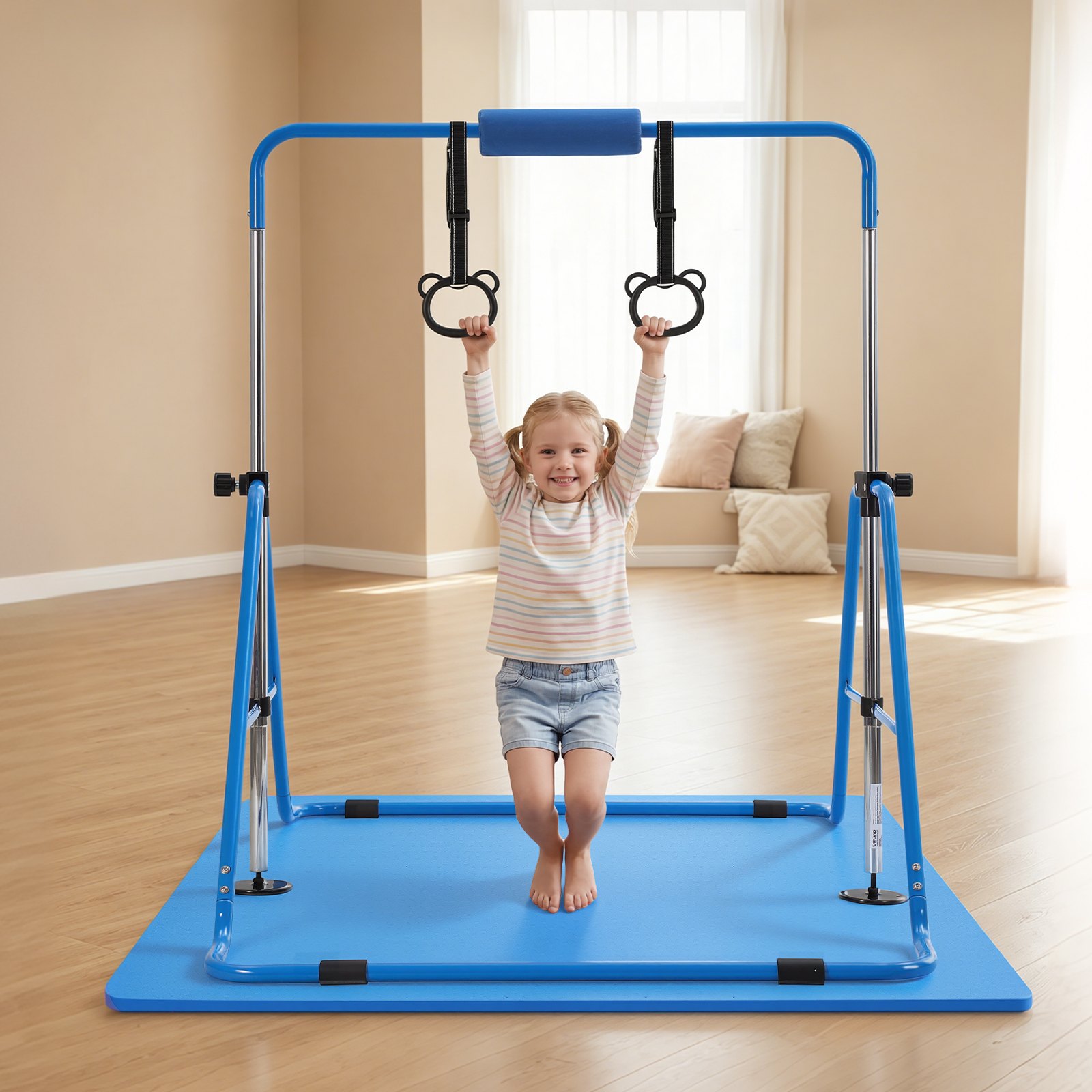 VEVOR Barra de Gimnasia Plegable Capacidad de 63,5 kg con Colchoneta, Barra Horizontal con Altura Ajustable de 5 Niveles 914 a 1321 mm, Equipo de Entrenamiento en Casa, Estructura Estable, Azul