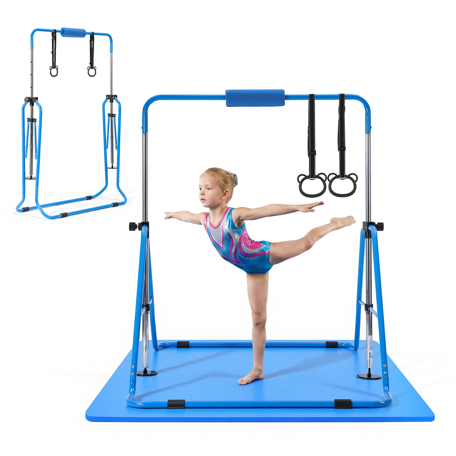 VEVOR Barra de Gimnasia Plegable Capacidad de 63,5 kg con Colchoneta, Barra Horizontal con Altura Ajustable de 5 Niveles 914 a 1321 mm, Equipo de Entrenamiento en Casa, Estructura Estable, Azul