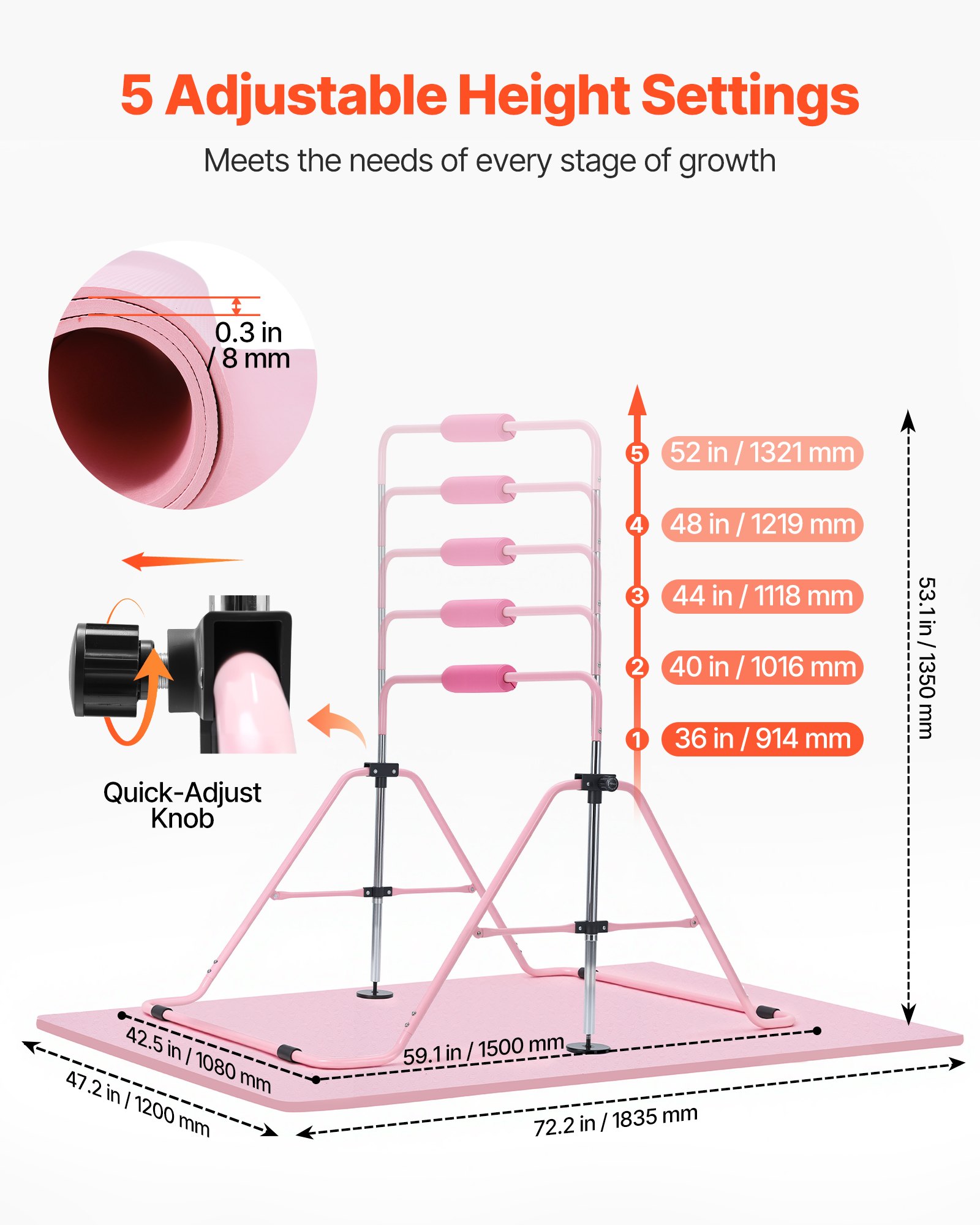 VEVOR Barra de Gimnasia Plegable Capacidad de 63,5 kg con Colchoneta, Barra Horizontal con Altura Ajustable de 5 Niveles 914 a 1321 mm, Equipo de Entrenamiento en Casa, Estructura Estable, Rosa
