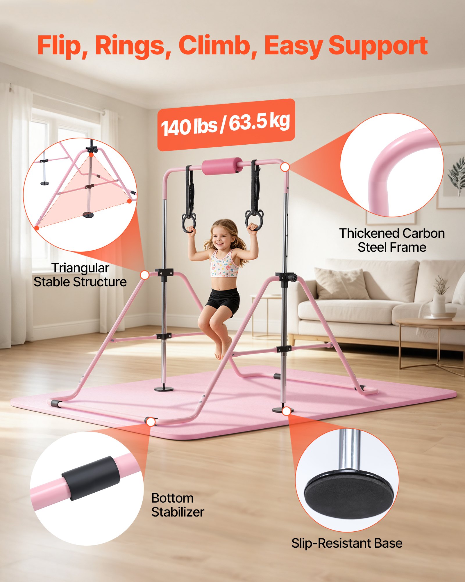 VEVOR Barra de Gimnasia Plegable Capacidad de 63,5 kg con Colchoneta, Barra Horizontal con Altura Ajustable de 5 Niveles 914 a 1321 mm, Equipo de Entrenamiento en Casa, Estructura Estable, Rosa