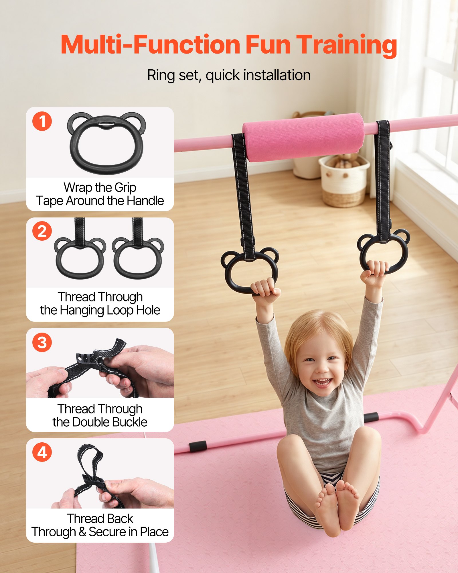 VEVOR Barra de Gimnasia Plegable Capacidad de 63,5 kg con Colchoneta, Barra Horizontal con Altura Ajustable de 5 Niveles 914 a 1321 mm, Equipo de Entrenamiento en Casa, Estructura Estable, Rosa