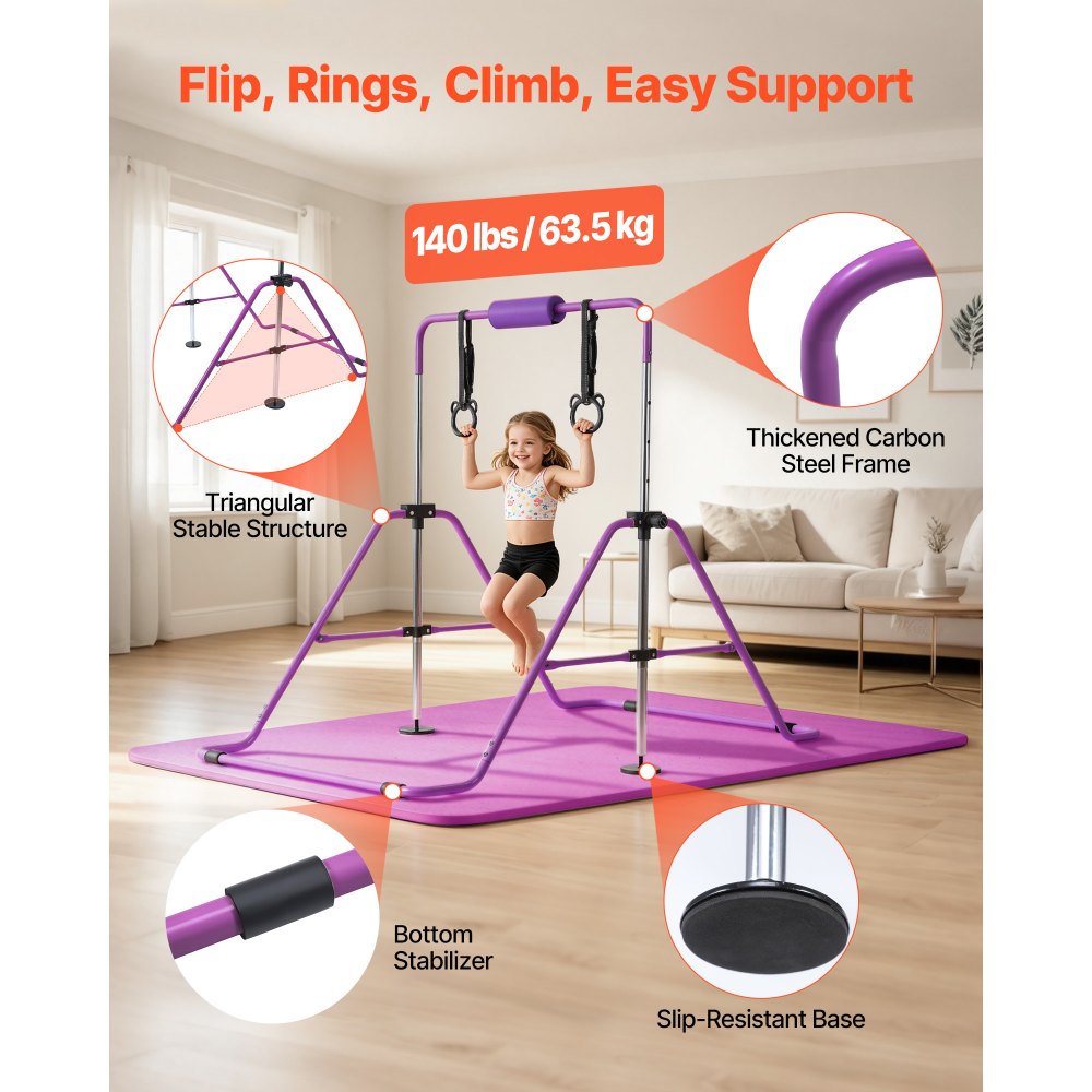 VEVOR Barra de Gimnasia Plegable Capacidad de 63,5 kg con Colchoneta, Barra Horizontal con Altura Ajustable de 5 Niveles 914 a 1321 mm, Equipo de Entrenamiento en Casa, Estructura Estable, Morado