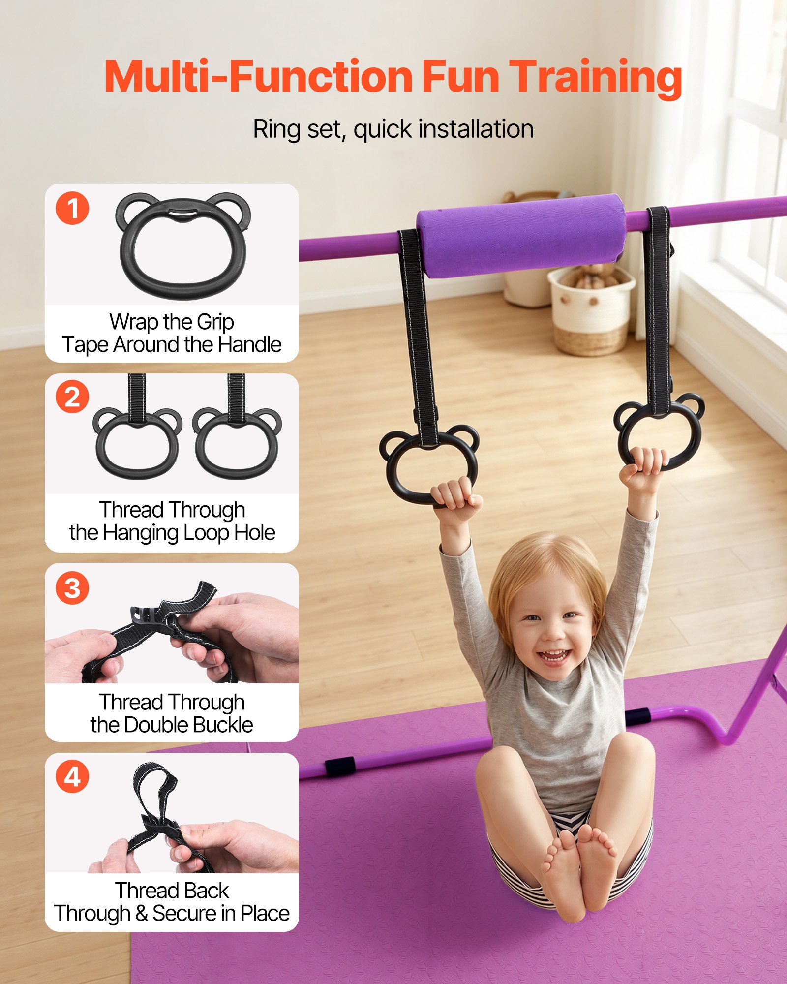 VEVOR Barra de Gimnasia Plegable Capacidad de 63,5 kg con Colchoneta, Barra Horizontal con Altura Ajustable de 5 Niveles 914 a 1321 mm, Equipo de Entrenamiento en Casa, Estructura Estable, Morado