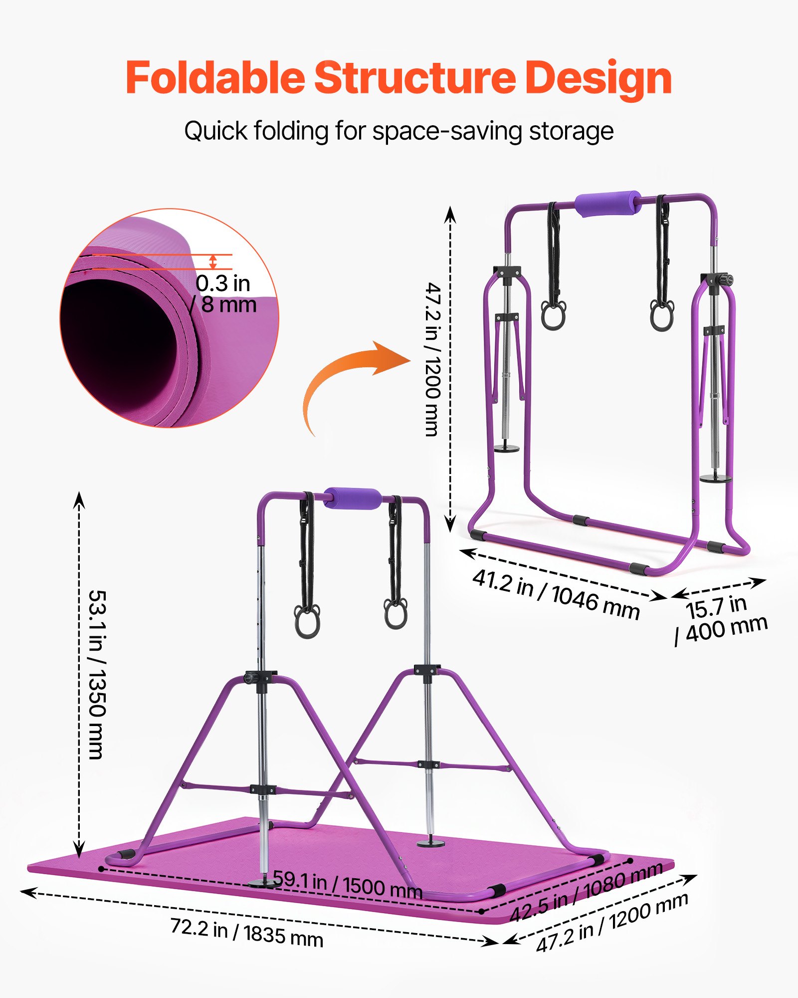 VEVOR Barra de Gimnasia Plegable Capacidad de 63,5 kg con Colchoneta, Barra Horizontal con Altura Ajustable de 5 Niveles 914 a 1321 mm, Equipo de Entrenamiento en Casa, Estructura Estable, Morado