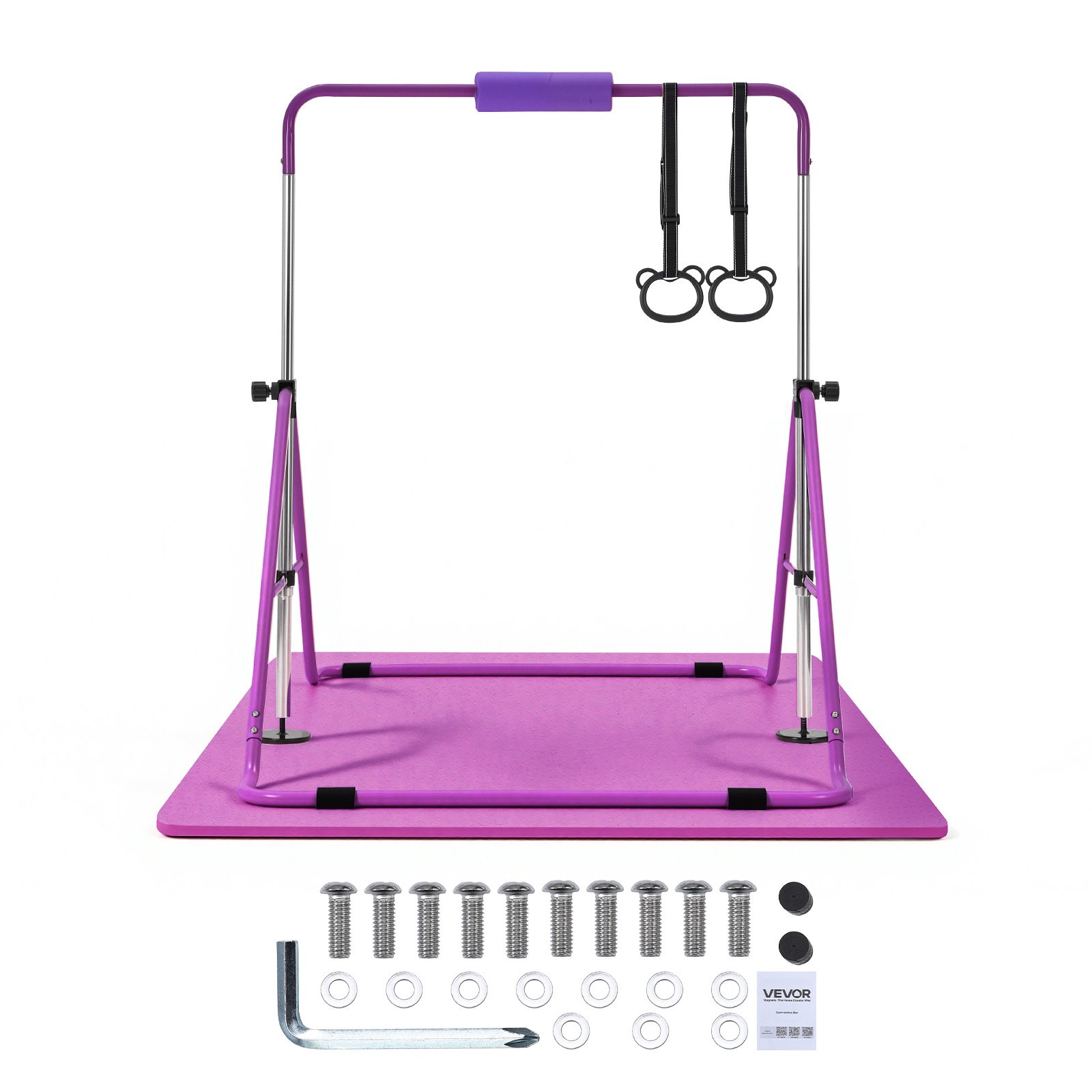 VEVOR Barra de Gimnasia Plegable Capacidad de 63,5 kg con Colchoneta, Barra Horizontal con Altura Ajustable de 5 Niveles 914 a 1321 mm, Equipo de Entrenamiento en Casa, Estructura Estable, Morado