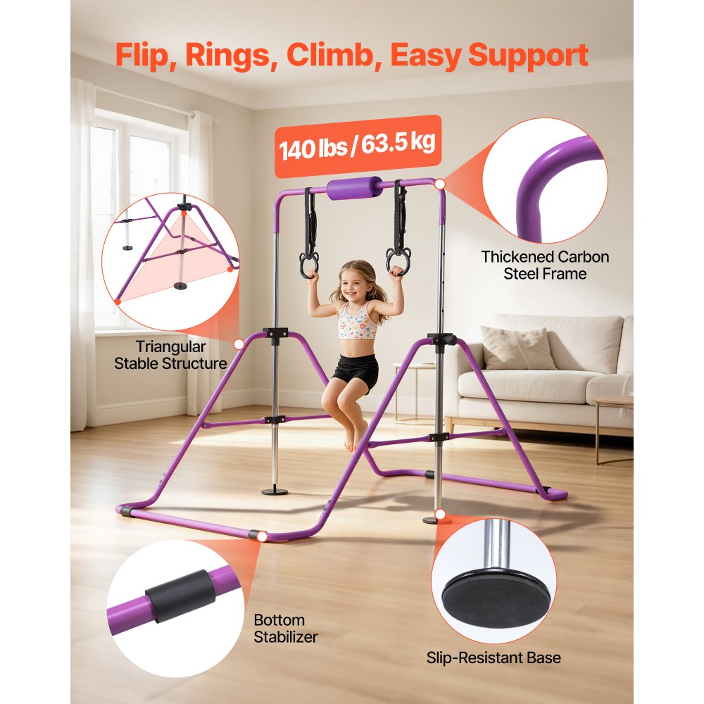 VEVOR Barra de Gimnasia Plegable Capacidad de 63,5 kg, Barra Horizontal Altura Ajustable de 5 Niveles 914 a 1321 mm, Equipo de Entrenamiento en Casa, Estructura Estable, 150 x 108 x 135 cm, Morado
