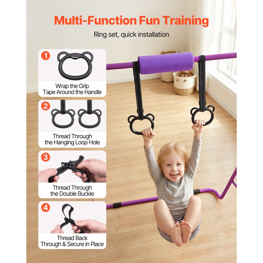 VEVOR Barra de Gimnasia Plegable Capacidad de 63,5 kg, Barra Horizontal Altura Ajustable de 5 Niveles 914 a 1321 mm, Equipo de Entrenamiento en Casa, Estructura Estable, 150 x 108 x 135 cm, Morado