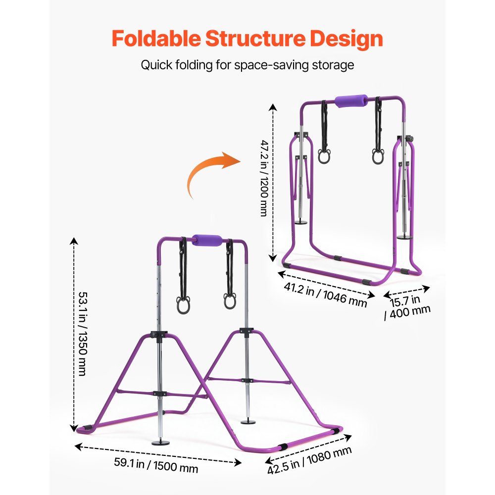 VEVOR Barra de Gimnasia Plegable Capacidad de 63,5 kg, Barra Horizontal Altura Ajustable de 5 Niveles 914 a 1321 mm, Equipo de Entrenamiento en Casa, Estructura Estable, 150 x 108 x 135 cm, Morado