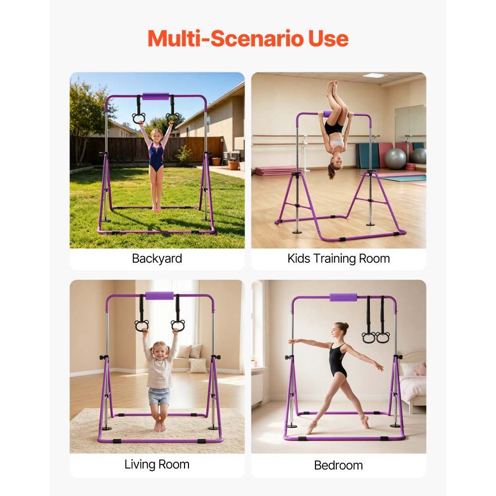 VEVOR Barra de Gimnasia Plegable Capacidad de 63,5 kg, Barra Horizontal Altura Ajustable de 5 Niveles 914 a 1321 mm, Equipo de Entrenamiento en Casa, Estructura Estable, 150 x 108 x 135 cm, Morado