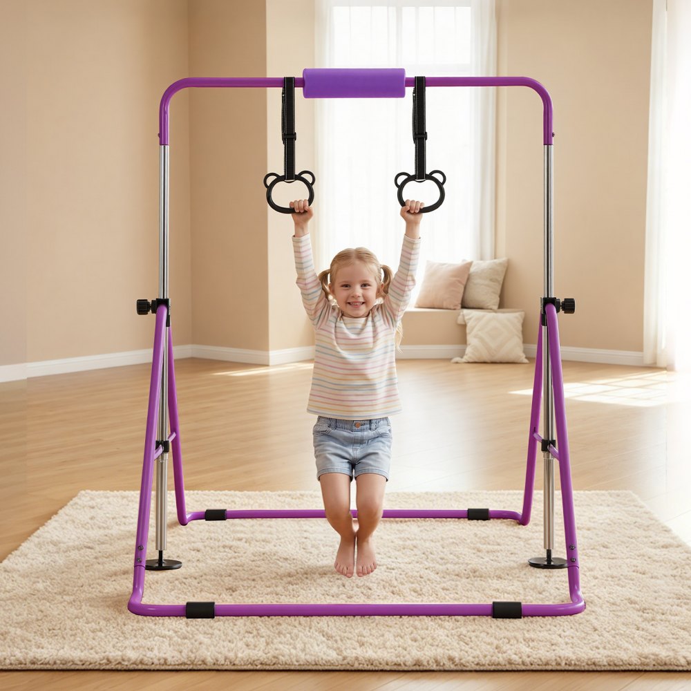 VEVOR Barra de Gimnasia Plegable Capacidad de 63,5 kg, Barra Horizontal Altura Ajustable de 5 Niveles 914 a 1321 mm, Equipo de Entrenamiento en Casa, Estructura Estable, 150 x 108 x 135 cm, Morado