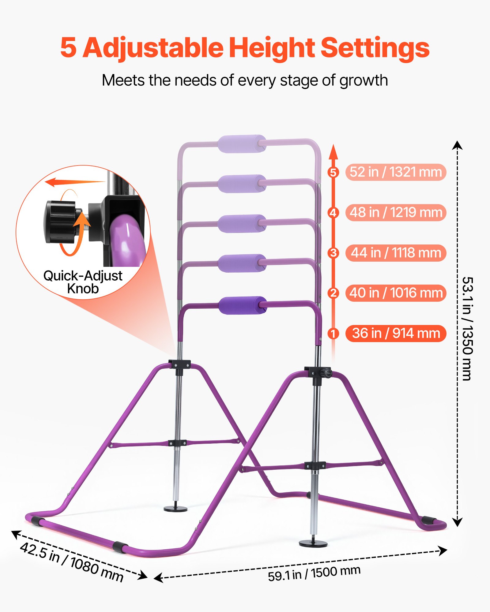 VEVOR Barra de Gimnasia Plegable Capacidad de 63,5 kg, Barra Horizontal Altura Ajustable de 5 Niveles 914 a 1321 mm, Equipo de Entrenamiento en Casa, Estructura Estable, 150 x 108 x 135 cm, Morado