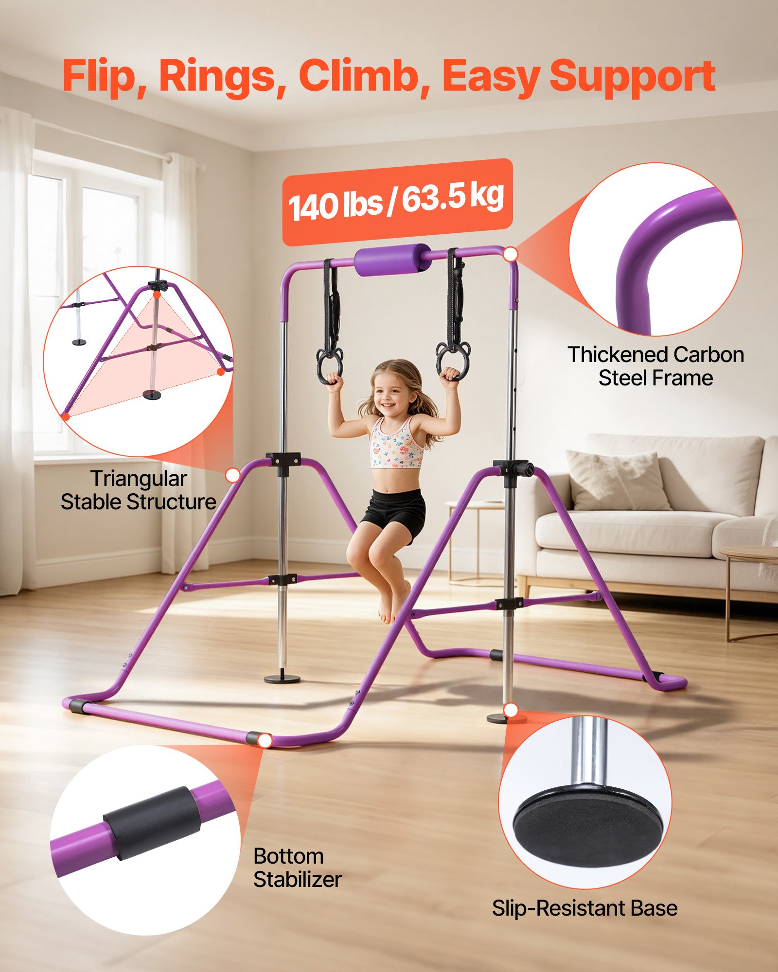 VEVOR Barra de Gimnasia Plegable Capacidad de 63,5 kg, Barra Horizontal Altura Ajustable de 5 Niveles 914 a 1321 mm, Equipo de Entrenamiento en Casa, Estructura Estable, 150 x 108 x 135 cm, Morado