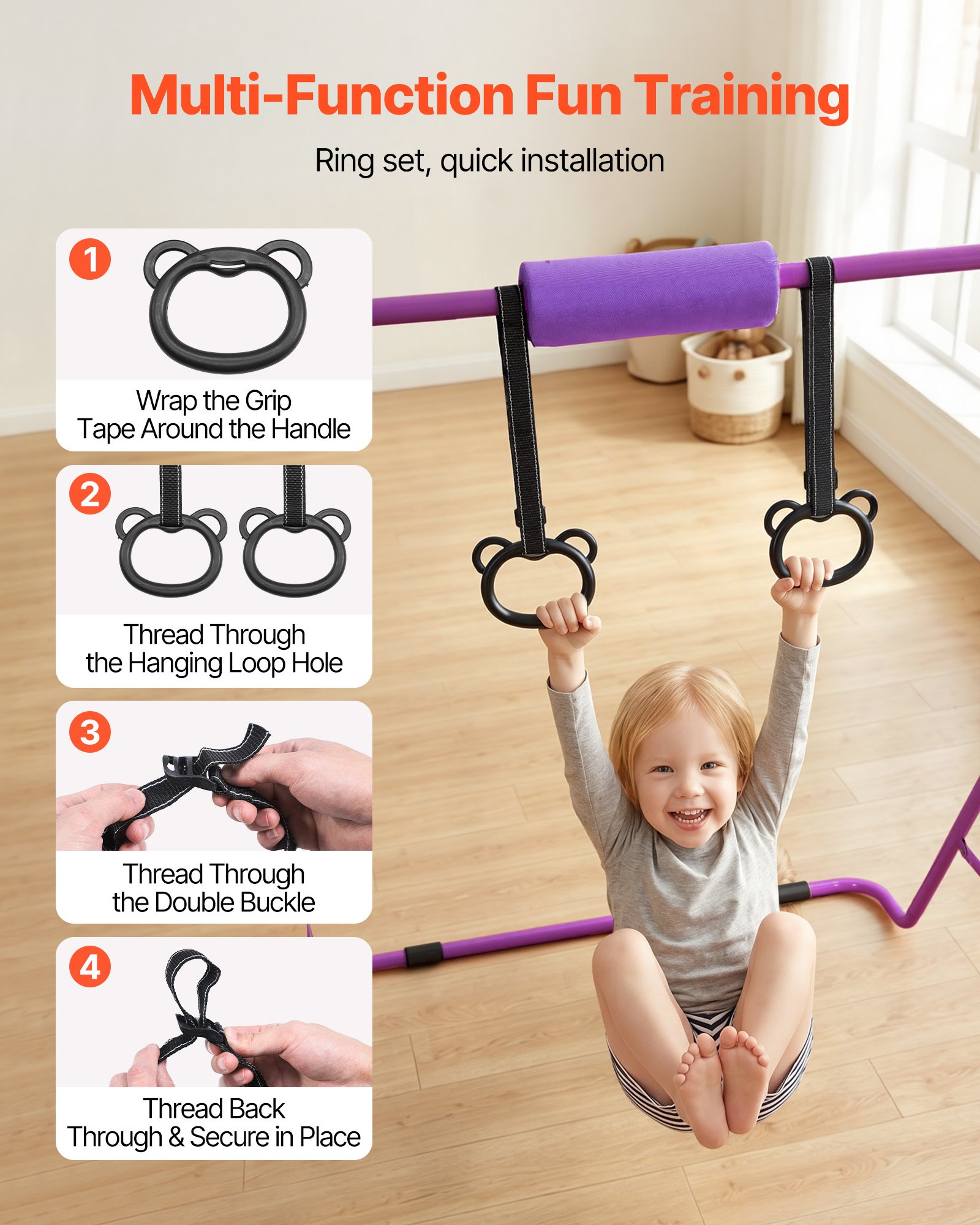 VEVOR Barra de Gimnasia Plegable Capacidad de 63,5 kg, Barra Horizontal Altura Ajustable de 5 Niveles 914 a 1321 mm, Equipo de Entrenamiento en Casa, Estructura Estable, 150 x 108 x 135 cm, Morado