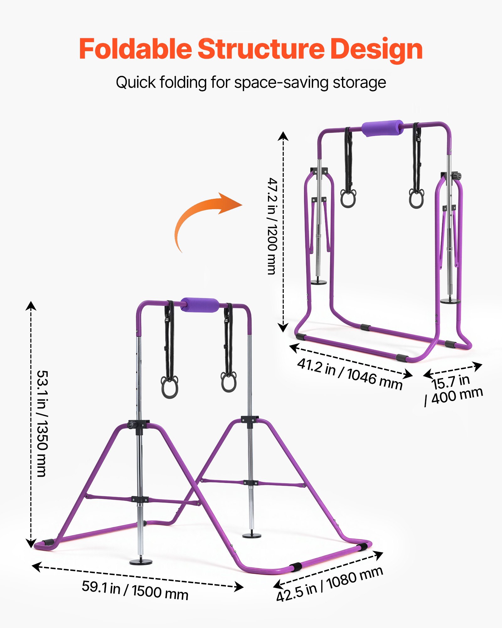 VEVOR Barra de Gimnasia Plegable Capacidad de 63,5 kg, Barra Horizontal Altura Ajustable de 5 Niveles 914 a 1321 mm, Equipo de Entrenamiento en Casa, Estructura Estable, 150 x 108 x 135 cm, Morado