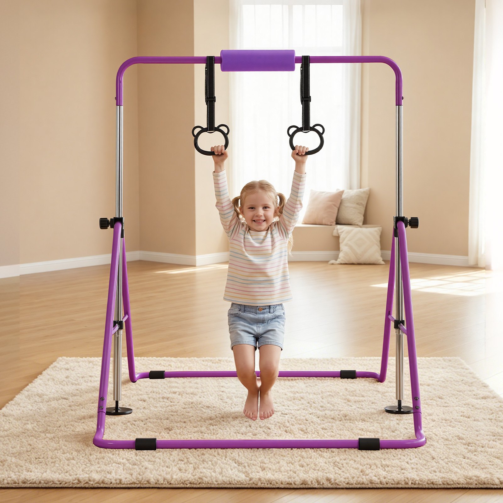 VEVOR Barra de Gimnasia Plegable Capacidad de 63,5 kg, Barra Horizontal Altura Ajustable de 5 Niveles 914 a 1321 mm, Equipo de Entrenamiento en Casa, Estructura Estable, 150 x 108 x 135 cm, Morado