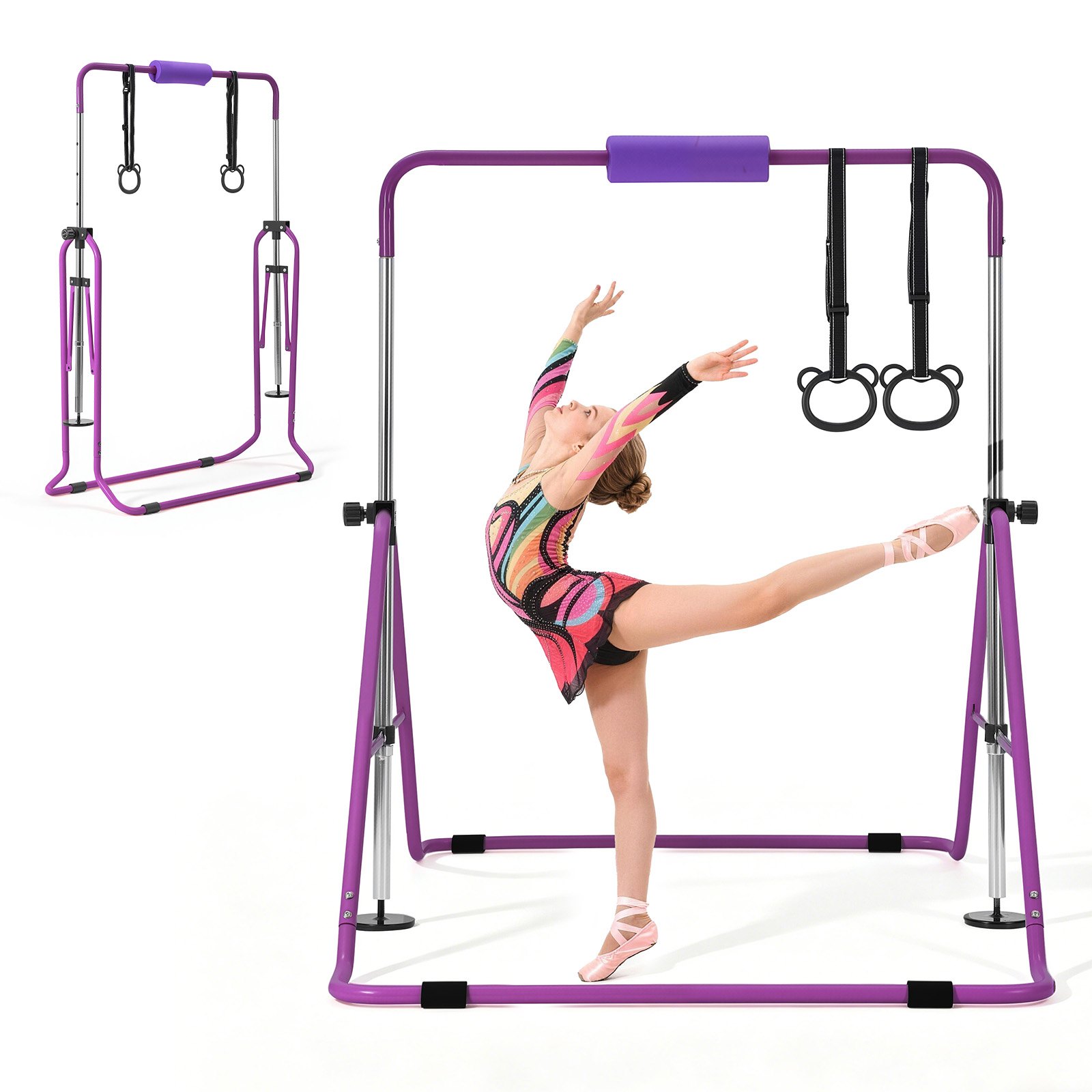 VEVOR Barra de Gimnasia Plegable Capacidad de 63,5 kg, Barra Horizontal Altura Ajustable de 5 Niveles 914 a 1321 mm, Equipo de Entrenamiento en Casa, Estructura Estable, 150 x 108 x 135 cm, Morado