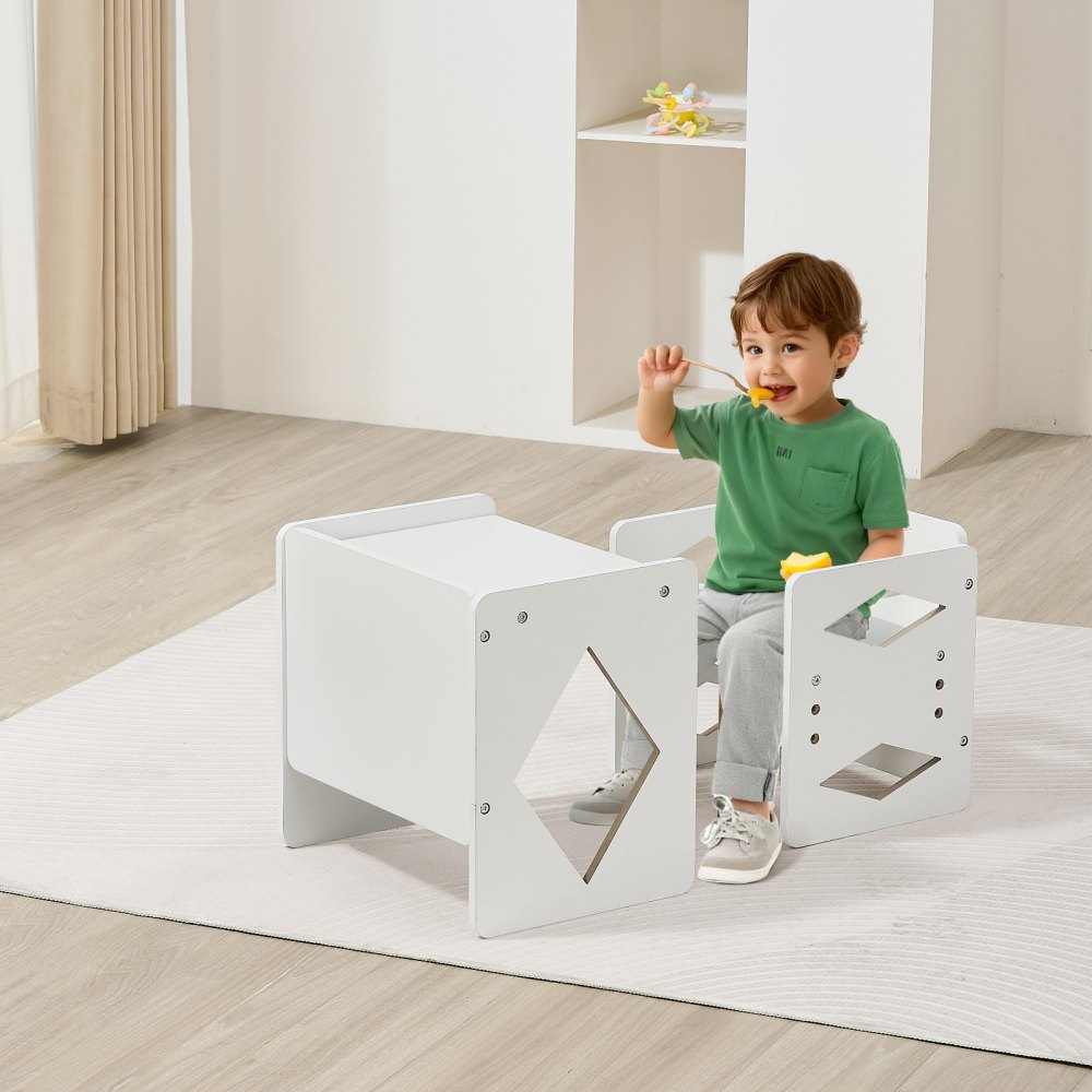 VEVOR Montessori Table and Chair Set for Toddlers (1 Table + 1 Chair) Made of Wood for 1-5 Year Olds, Height-Adjustable Activity Table and Play Table for Children, Ideal for Reading, Eating, and Playing – White